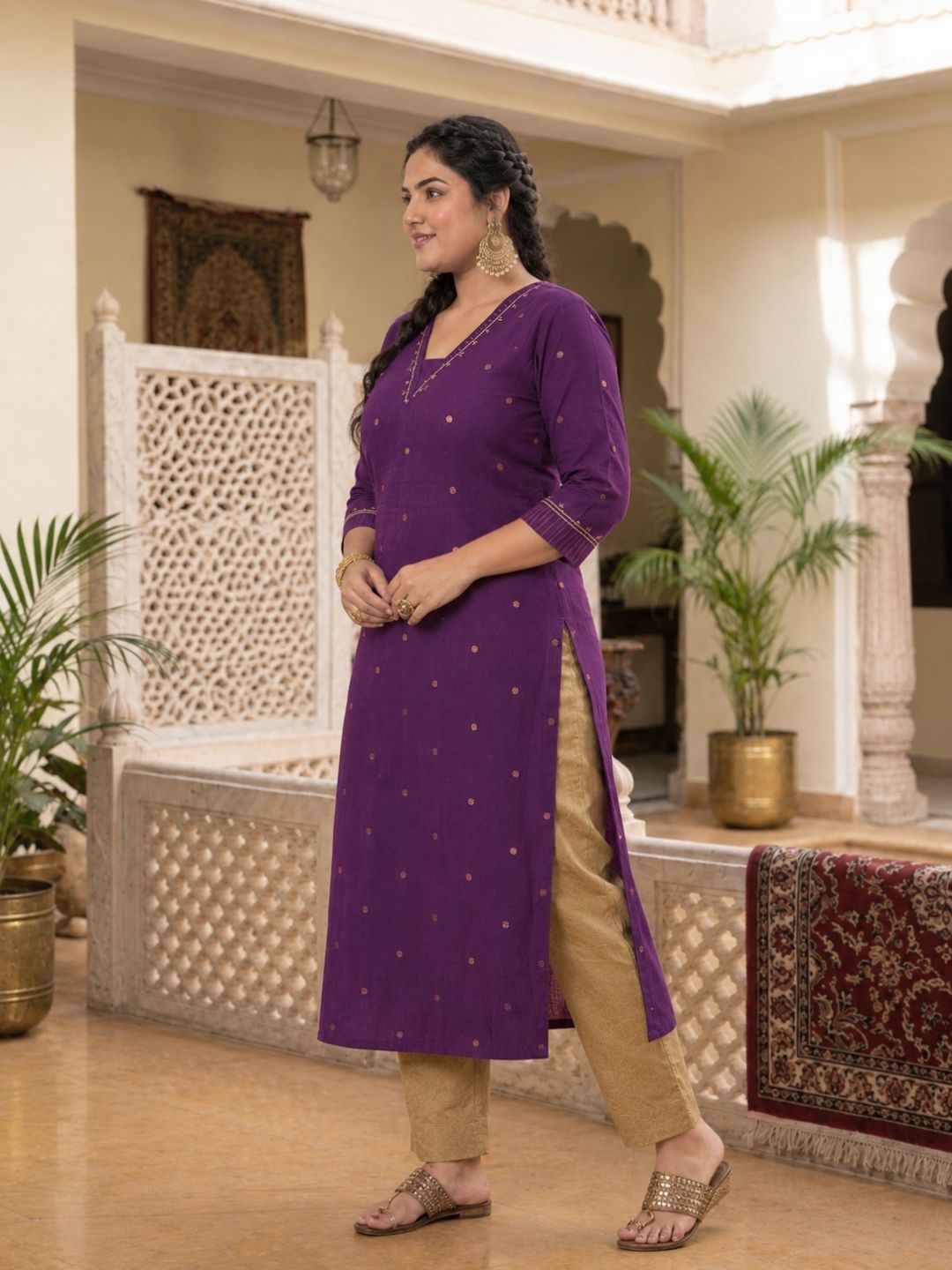 Plus Size- Straight Fit Cotton Woven Kurta with Zari, Embroidery and Handwork Detail.