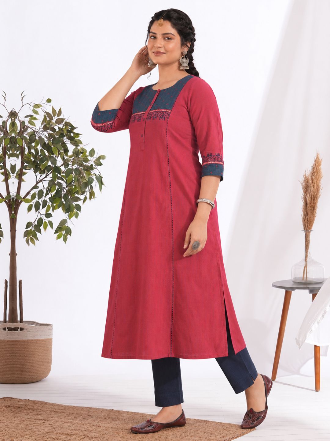 Plus Size- Pocketed A-Line Kurta in Woven Stripe Cotton with Dobby Trim, Block Print and Delicate Handwork Accents.