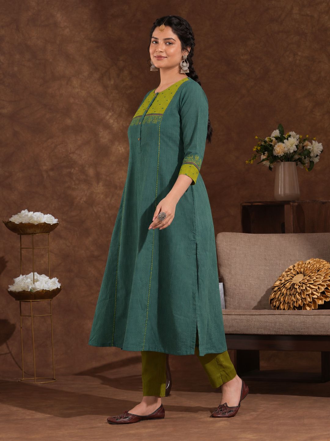 Plus Size- Pocketed A-Line Kurta in Woven Stripe Cotton with Dobby Trim, Block Print and Delicate Handwork Accents.