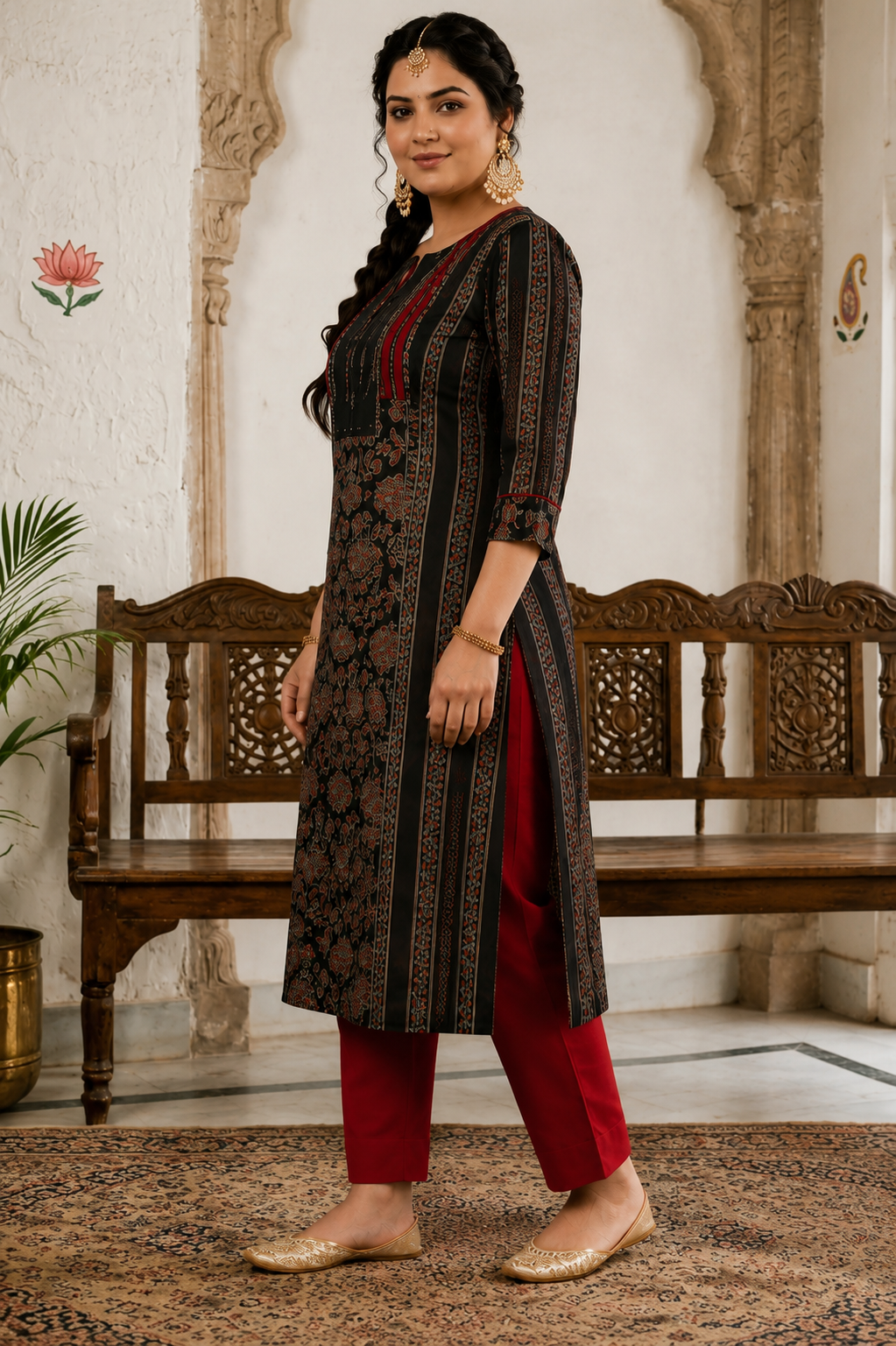 Plus size- Cotton Straight Kurta Featuring Panelled Structure, Block Print and Sequin Handwork