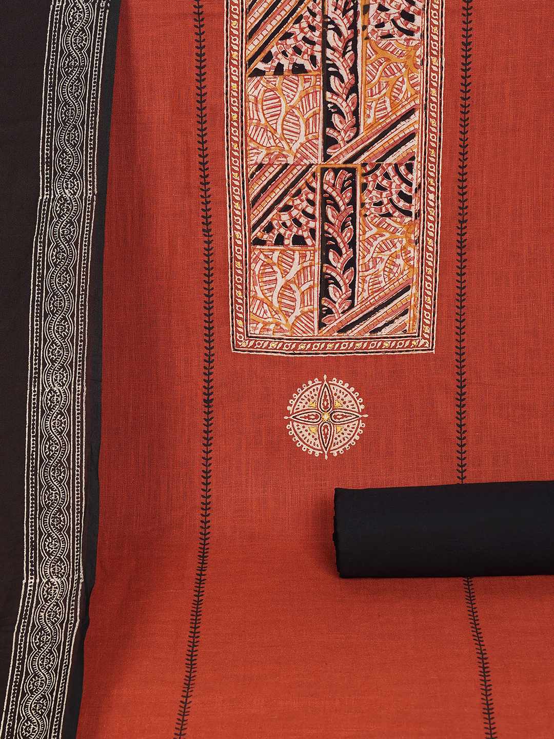 Unstitched Cotton Dress Material with kalamkari Yoke, thread work & Printed Dupatta.(Rust)
