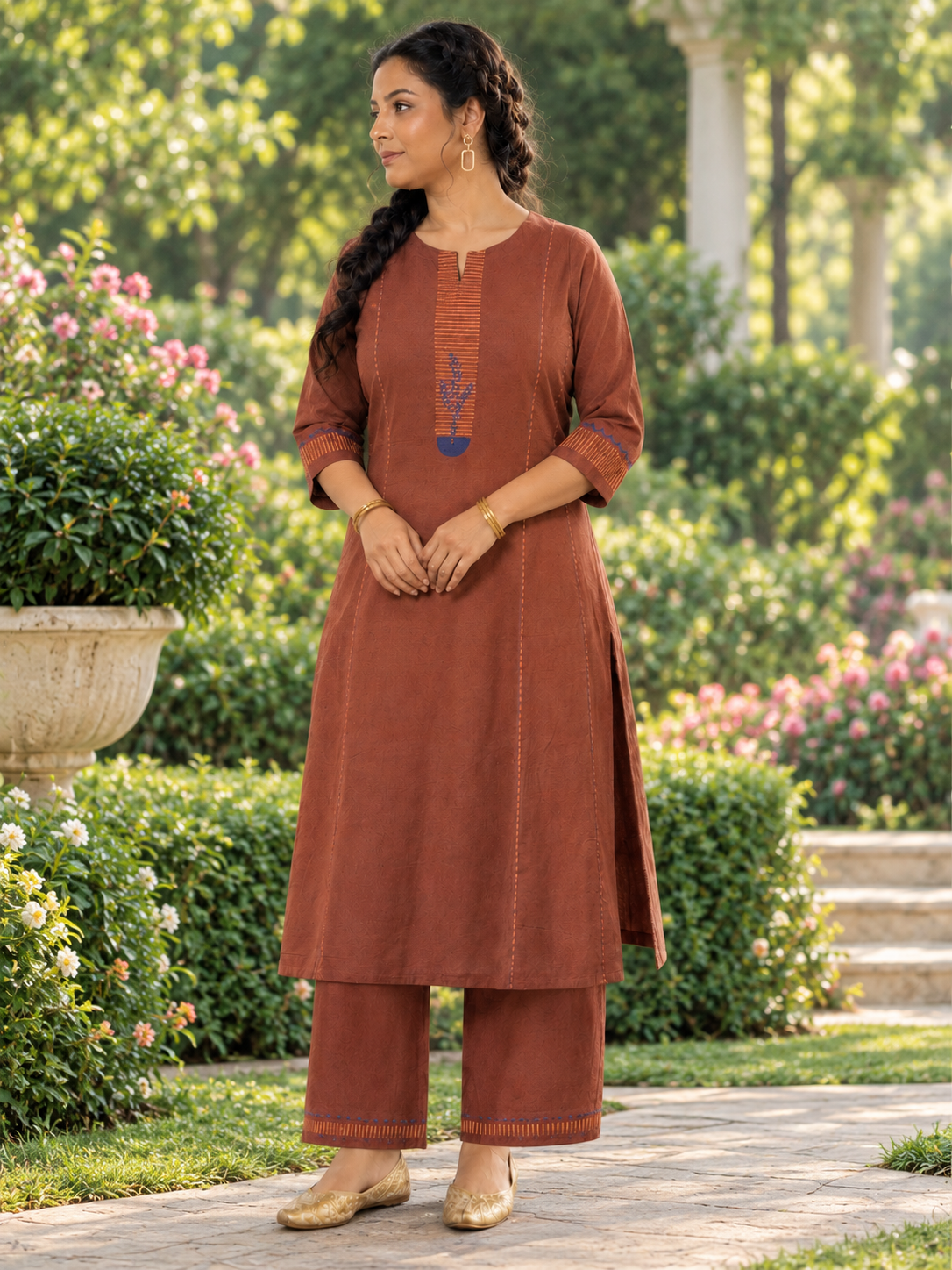 Plus size- Pocketed A-Line Cotton Flex Kurta set with Block Print and Handwork Paired with Palazoo.