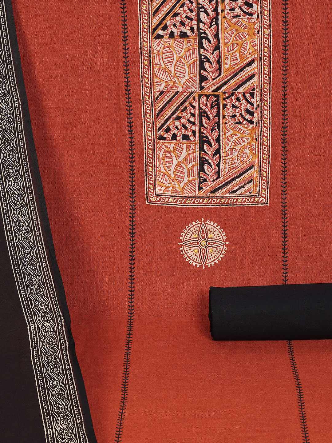 Unstitched Cotton Dress Material with kalamkari Yoke, thread work & Printed Dupatta.(Rust)