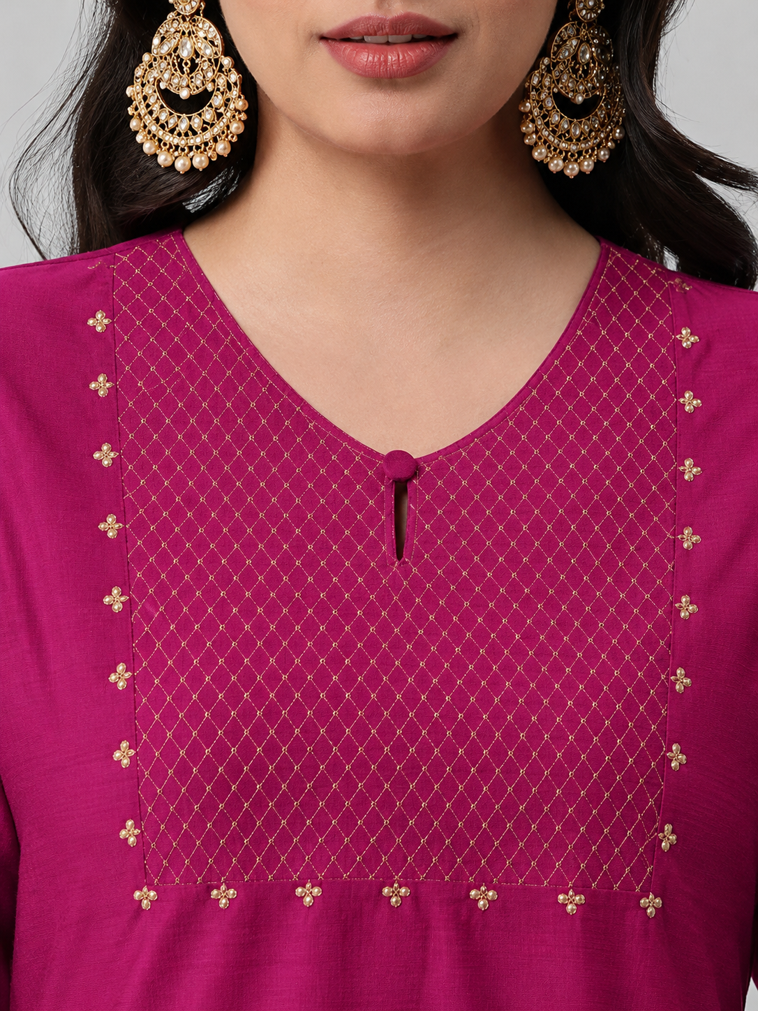 Straight Fit Silk Blend Kurta Set with Zari Embroidery & Sequins work, Plain Matching Palazzo.(Pink)