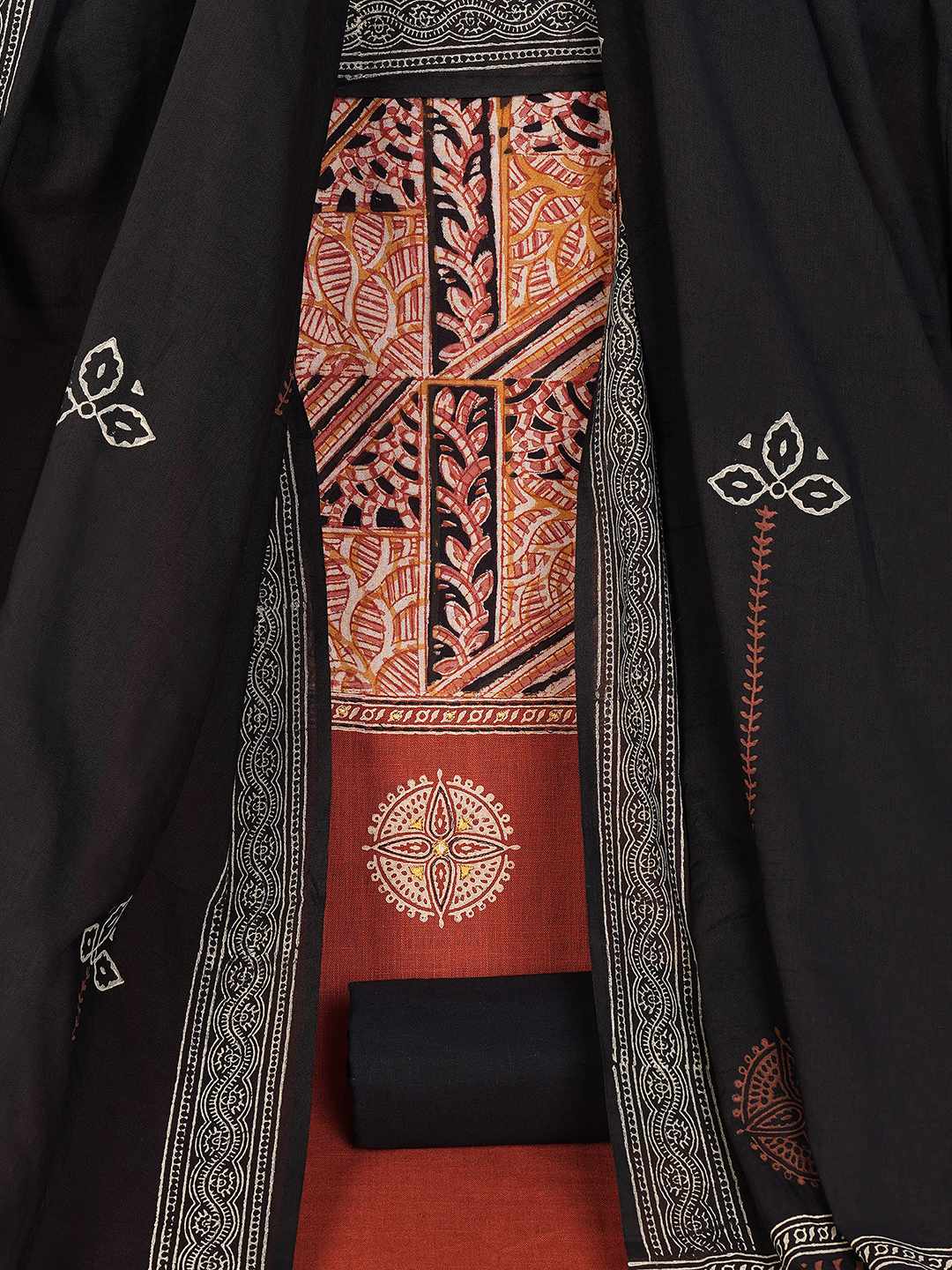 Unstitched Cotton Dress Material with kalamkari Yoke, thread work & Printed Dupatta.(Rust)