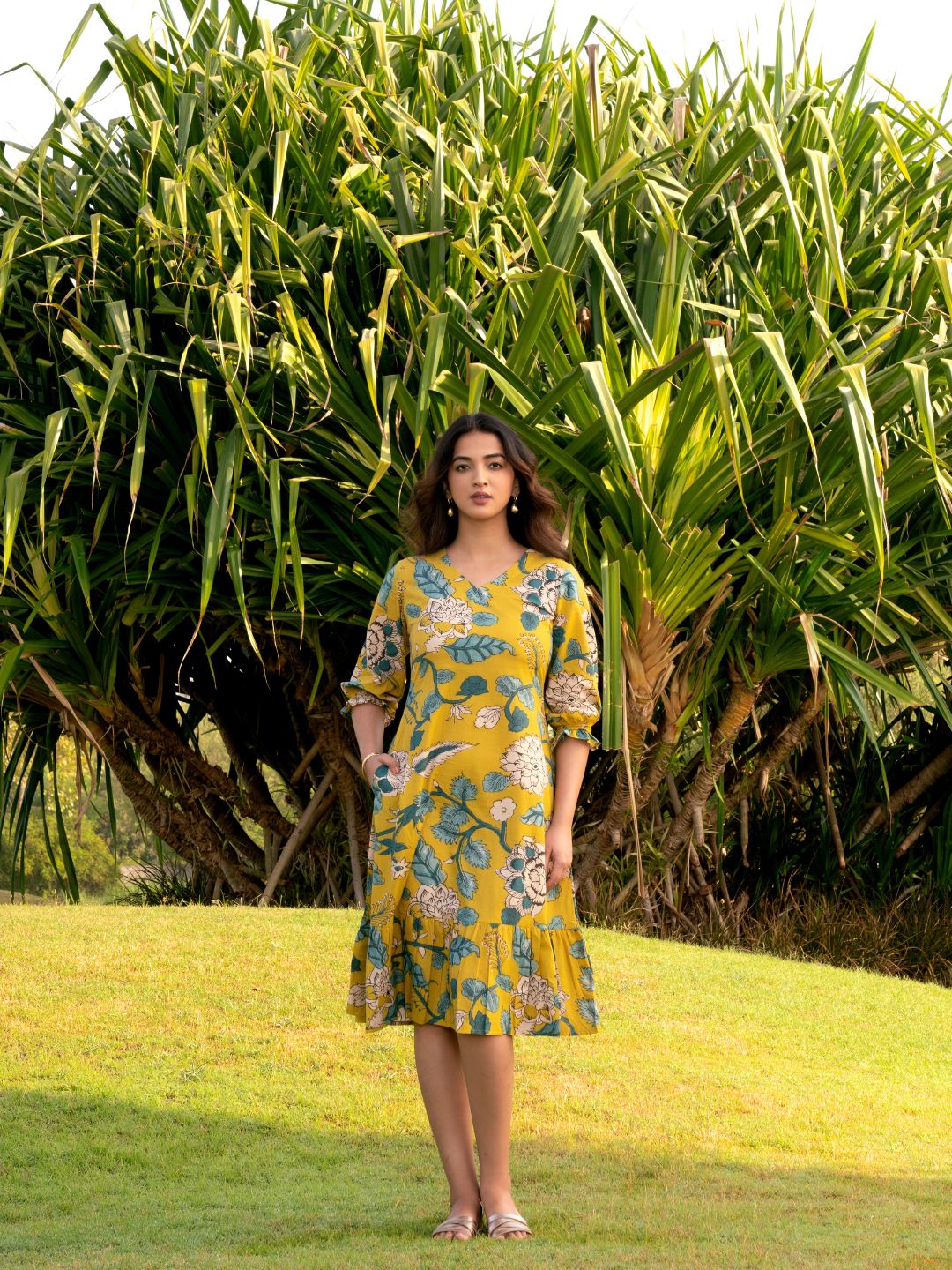 JOYLAND-A-Line Cotton Floral Printed Dress with Tiered Hem & Smocked Sleeves.