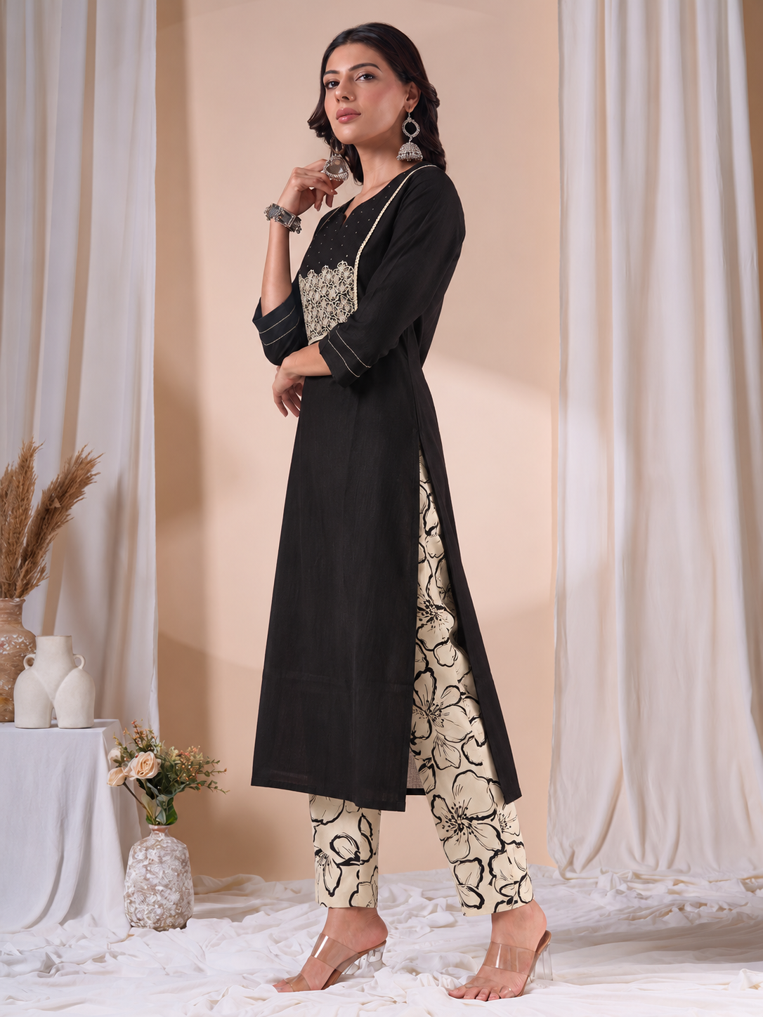 Straight Fit Cotton Kurta Set with Floral Embroidery, Crochet Lace and Printed Pants.