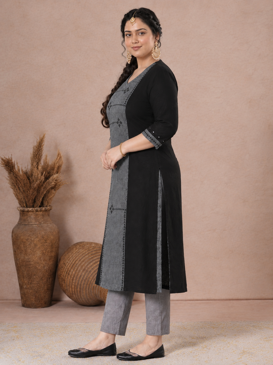 Plus Size A-Line Kurta with Block Print Panel with Mirror Work & Contrast Detail.