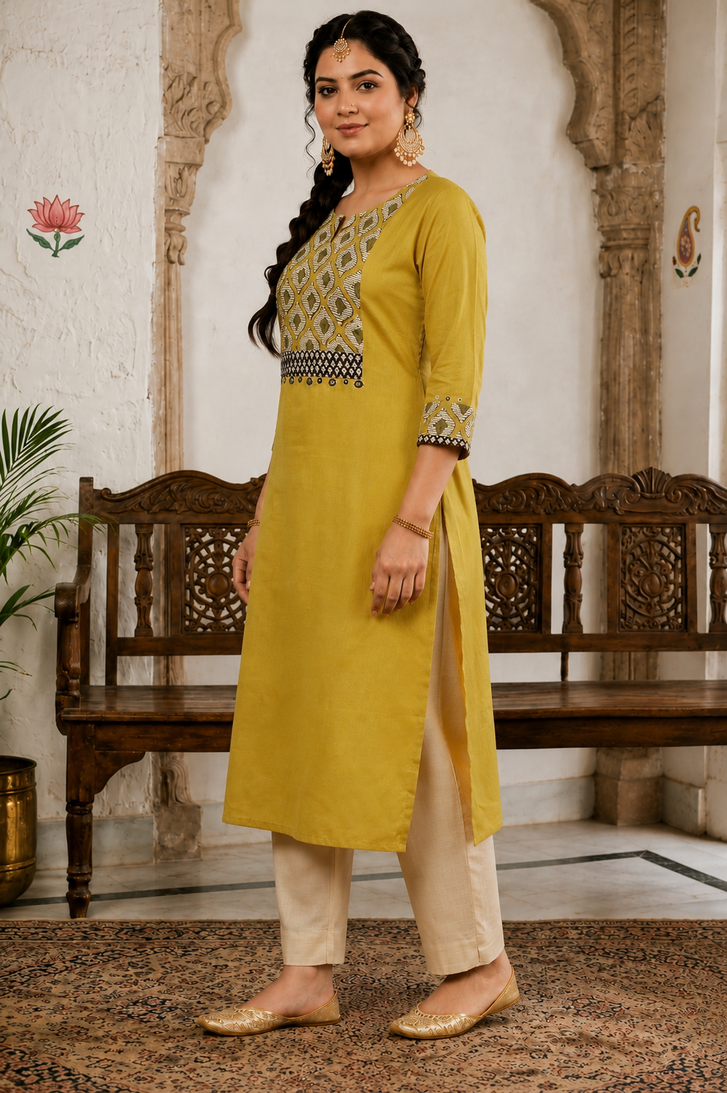 Plus size- Stylish Mustard Cotton Straight Kurta Featuring Block Printed Yoke and Mirror Detailing