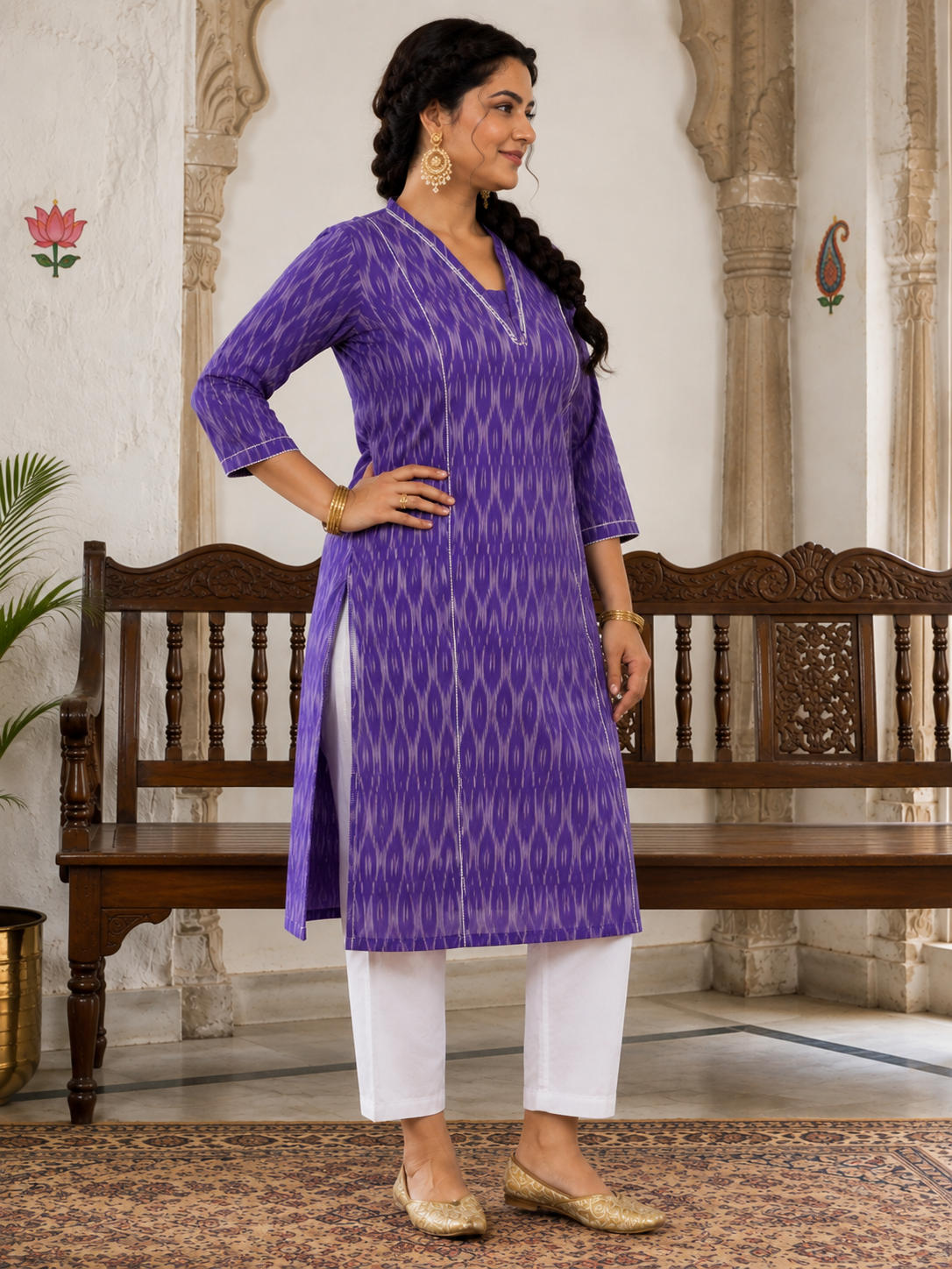 Plus size- Straight Fit Purple Cotton Ikat Kurta with Hand Embroidery & Woven Stripe Work.