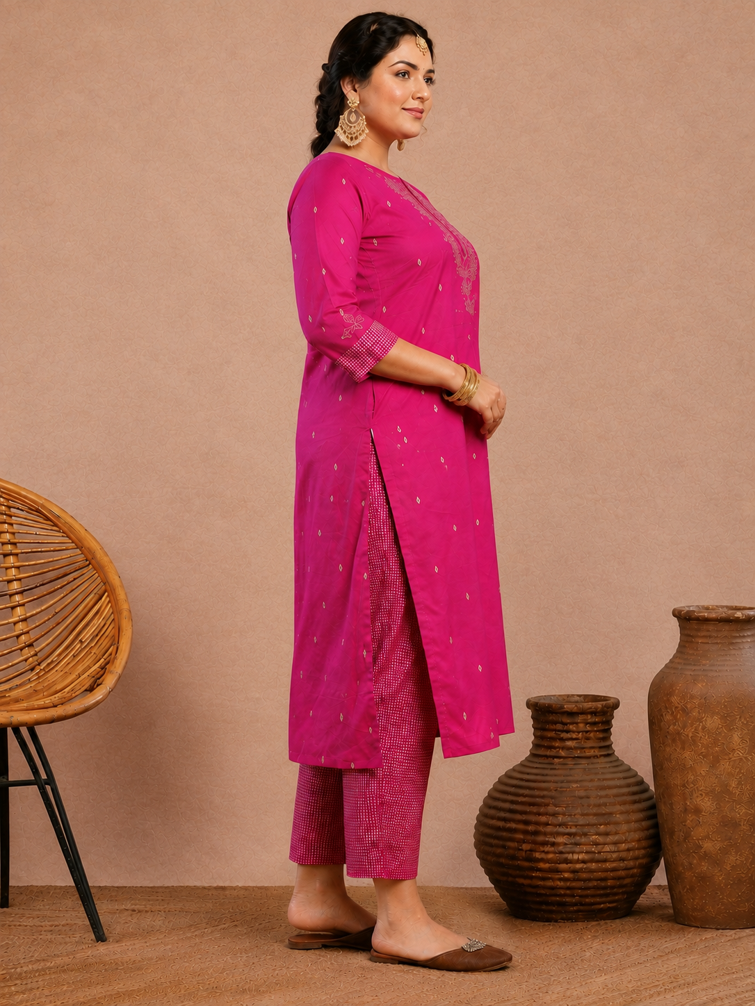 Plus size- Cotton Straight Fit Kurta Featuring Contrast Trim Fabric and Applique on Neck & Sleeves