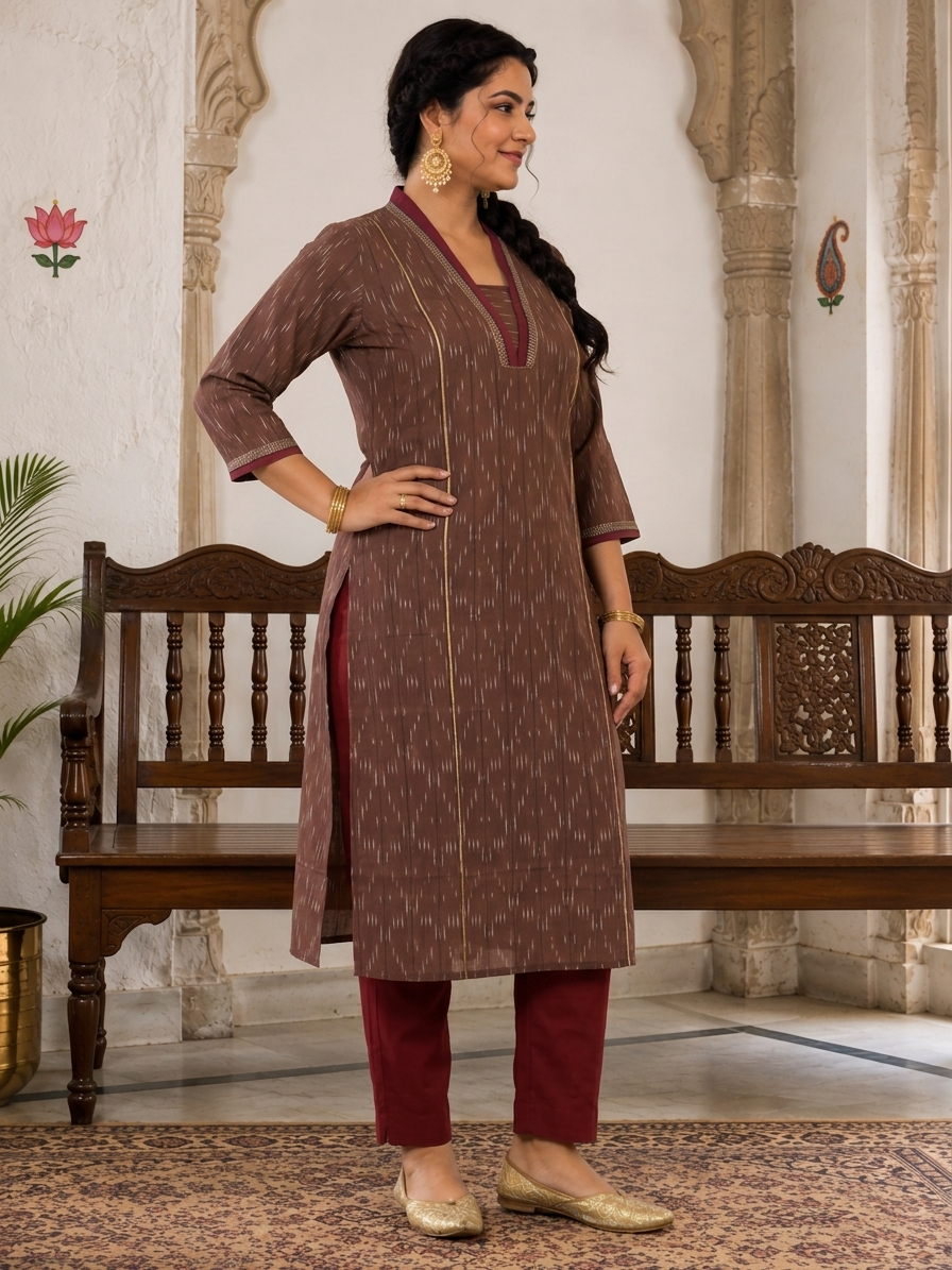 Plus size- Straight Fit Ikat Kurta with Featuring Woven Stripes, Handwork & Solid Trim.