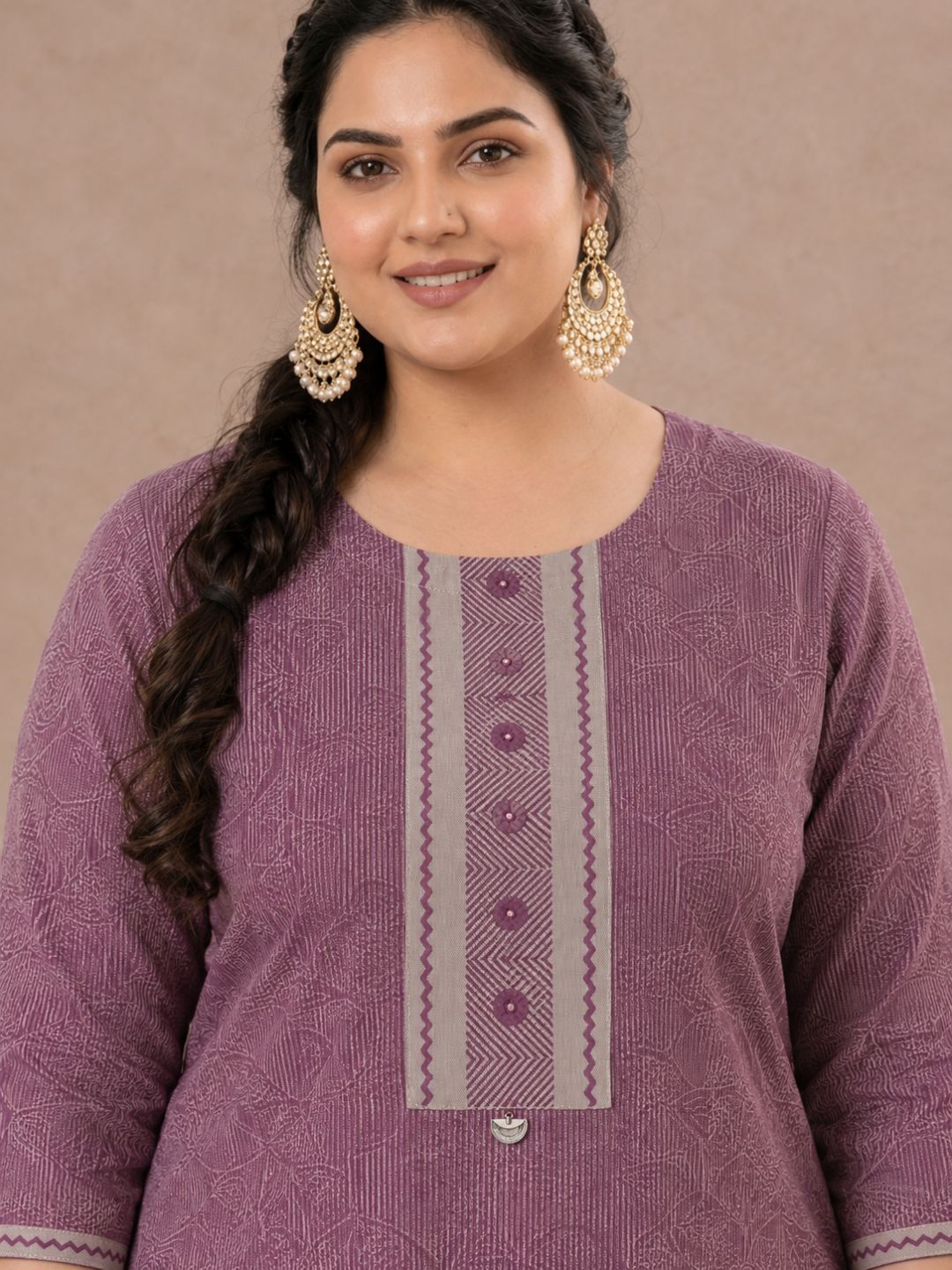 Plus Size- Straight Striped Cotton Kurta in Woven Fabric with Block Print Yoke and Mirror Handwork.