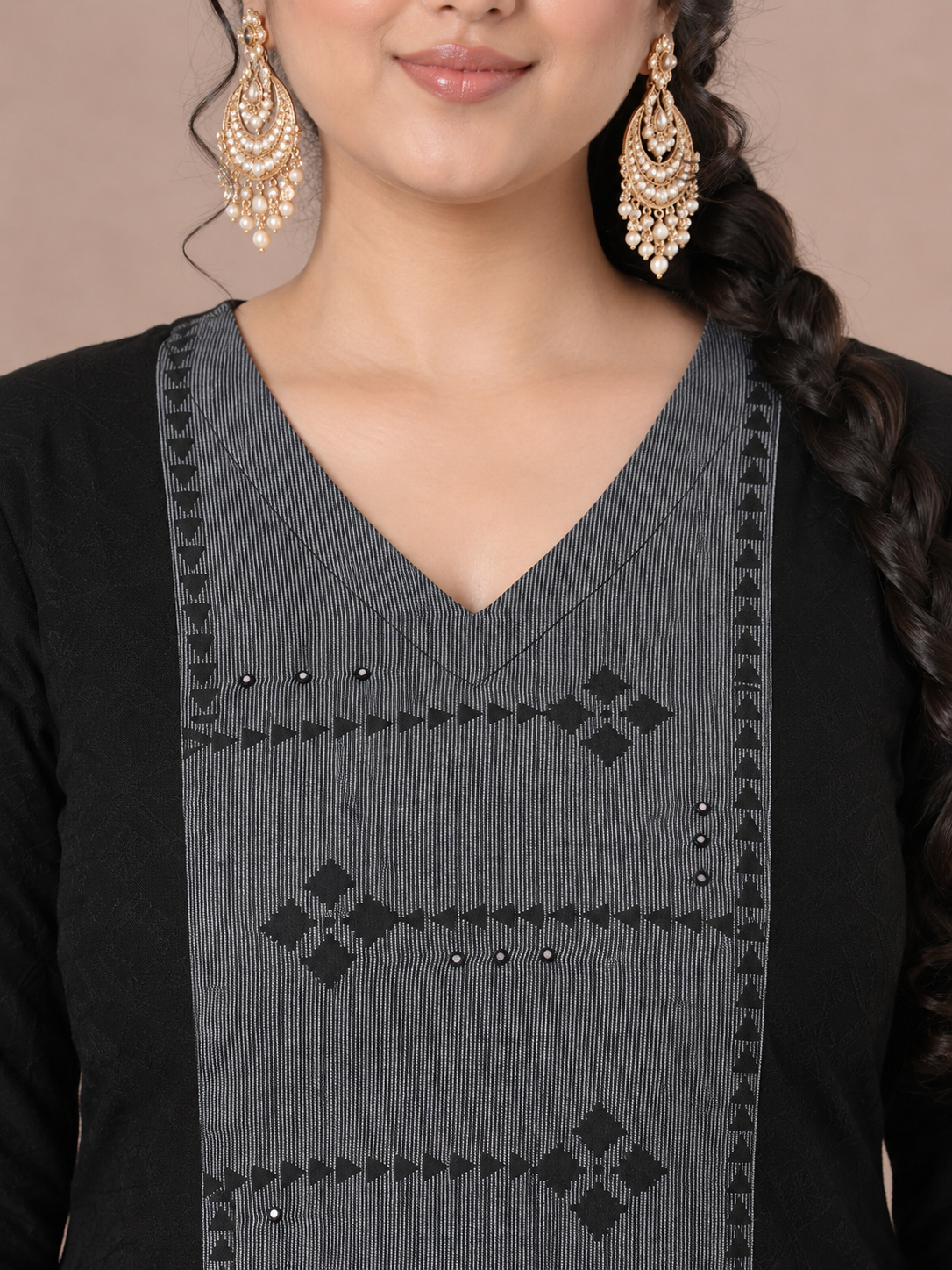 Plus Size A-Line Kurta with Block Print Panel with Mirror Work & Contrast Detail.