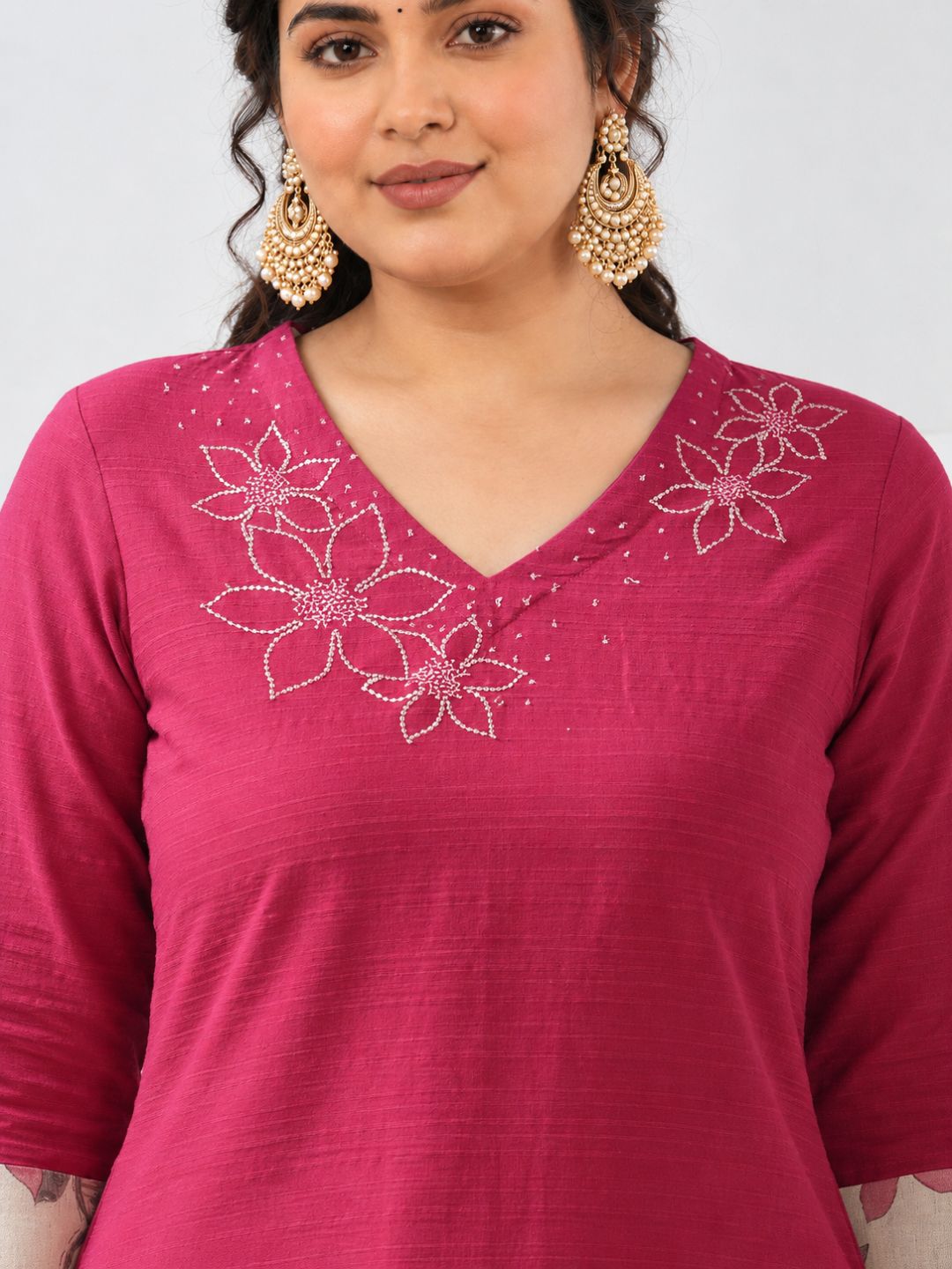 Plus Size- Cotton Straight Fit Kurta with Embroidered Neckline and Contrast Print Roll-Up Cuff Accents.