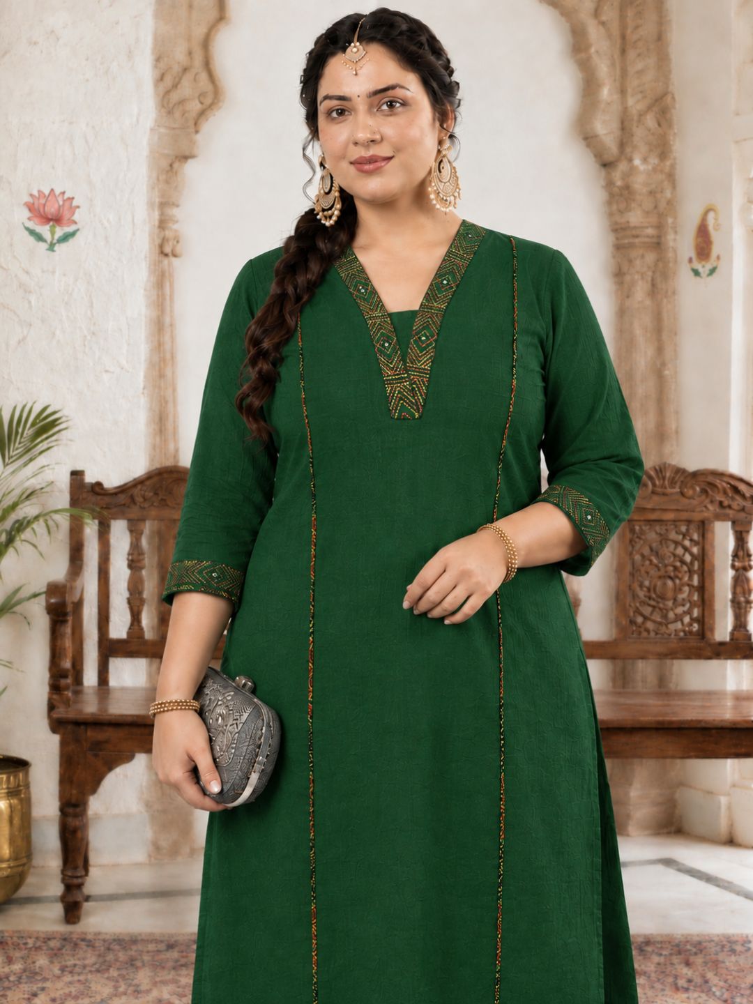 Plus Size-Elegant A-Line Cotton Slub Kurta with Thread and Mirror Embroidery and Pocket