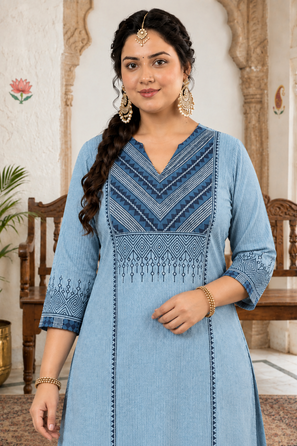 Plus size- Cotton Striped Straight Kurta Featuring Dabu Print Yoke, Block Print and Hand Embroidery Detail