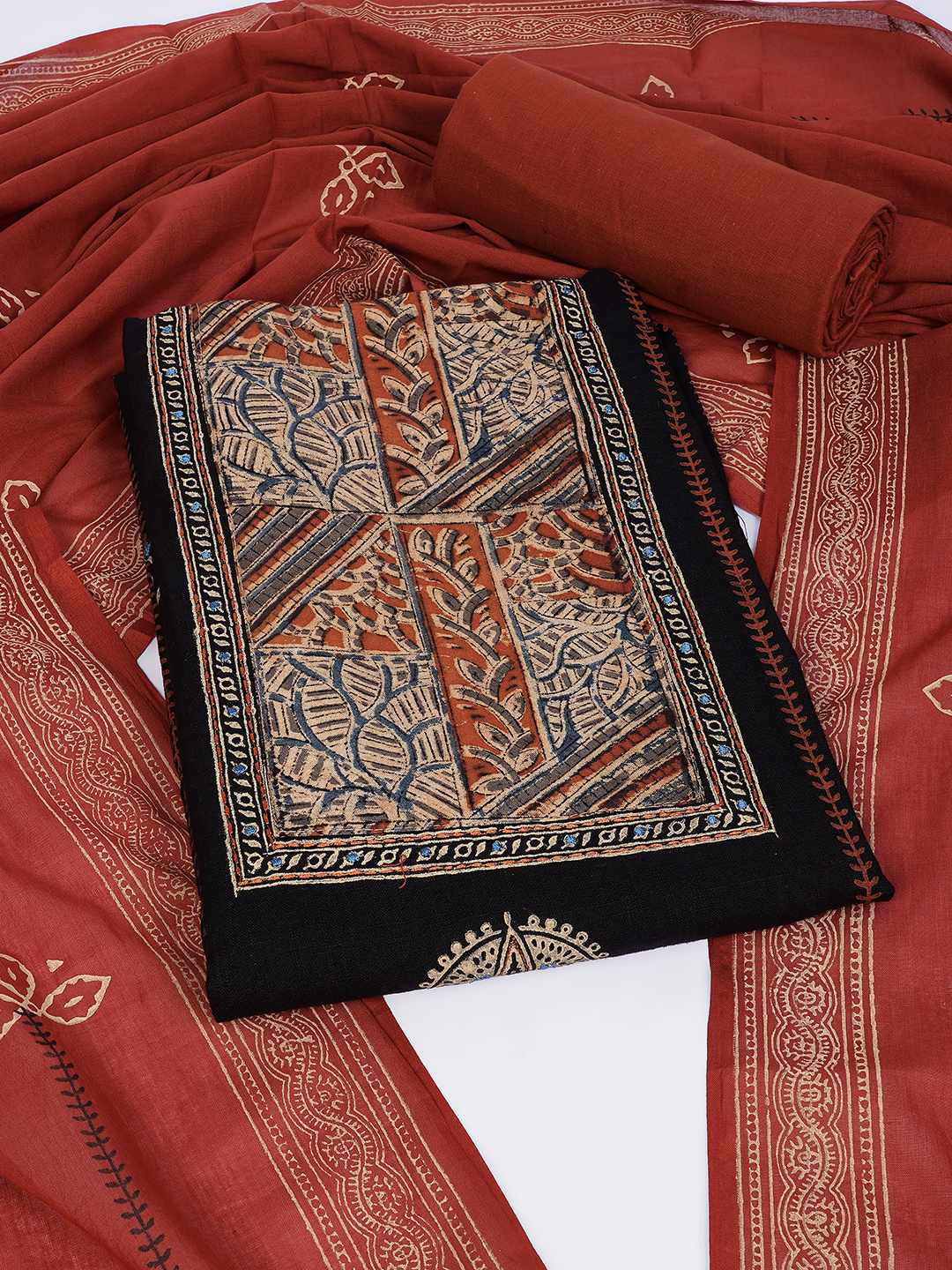 Unstitched Cotton Dress Material with Kalamkari Yoke, thread work & Printed Dupatta.(Black)