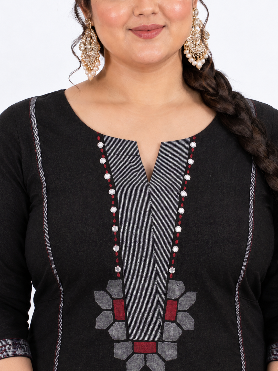 Plus size- A-line Cotton Kurta with Mirror Work, Striped Panel & Geometric Applique.