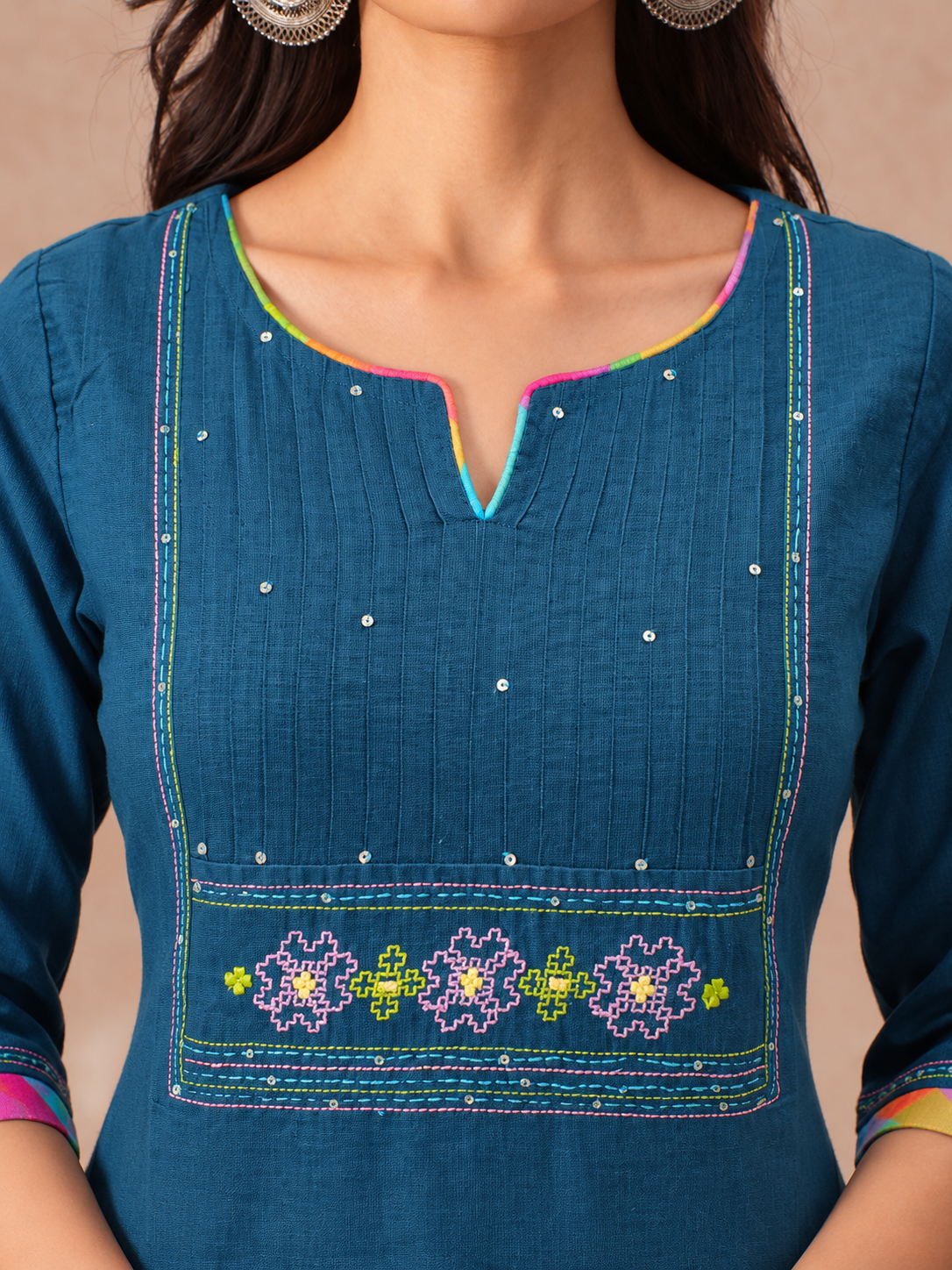 Straight Fit Cotton Kurta Set with Geometric Embroidery, Sequin Work and Plain Pants.
