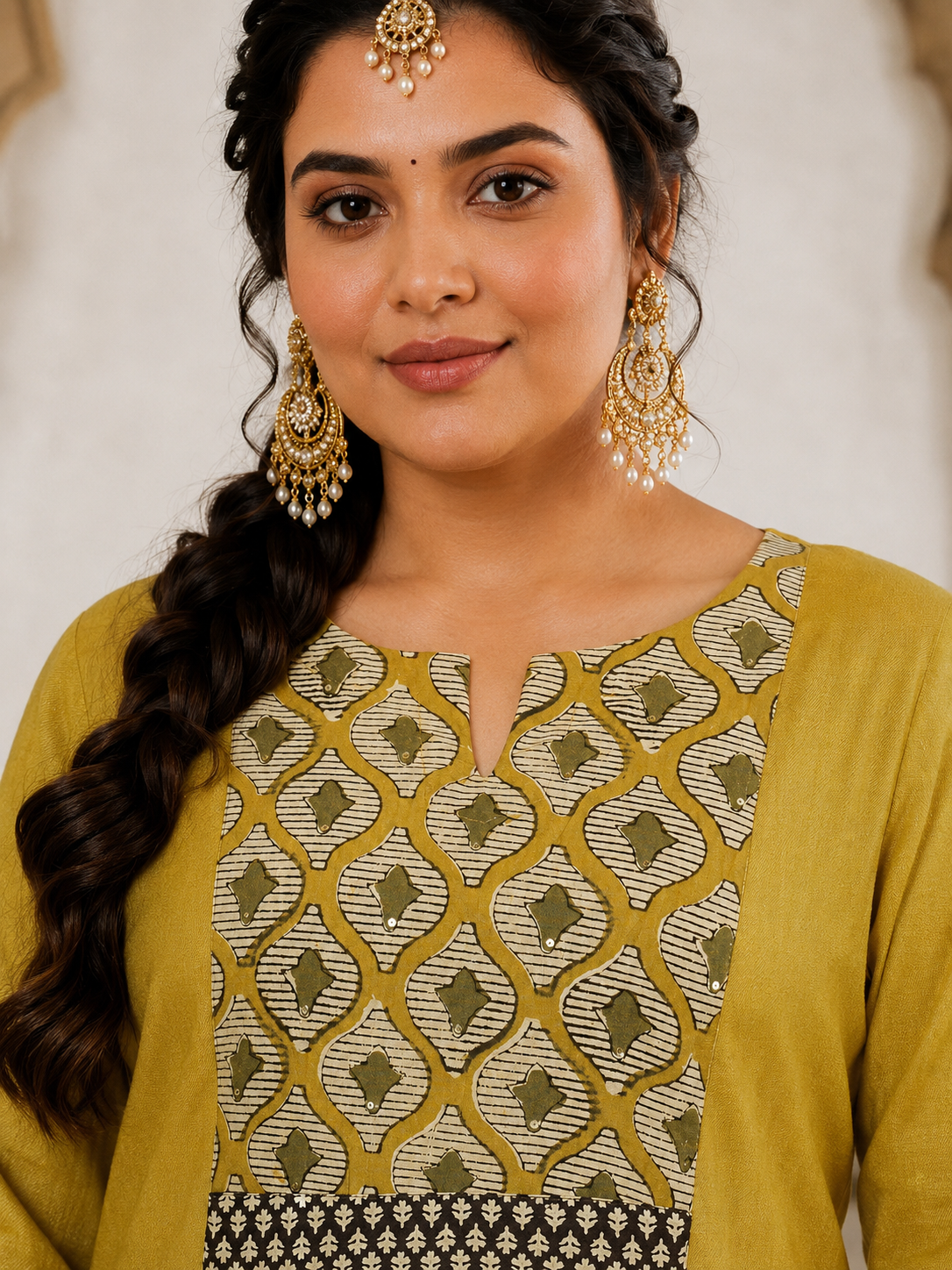 Plus size- Stylish Mustard Cotton Straight Kurta Featuring Block Printed Yoke and Mirror Detailing