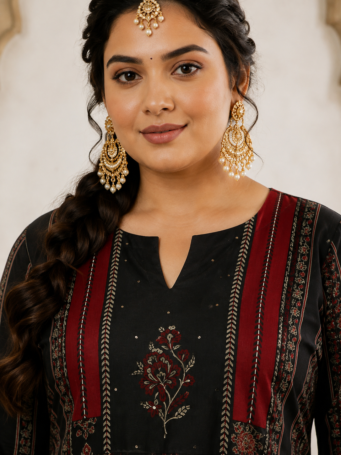 Plus size- Cotton Straight Kurta Featuring Panelled Structure, Block Print and Sequin Handwork