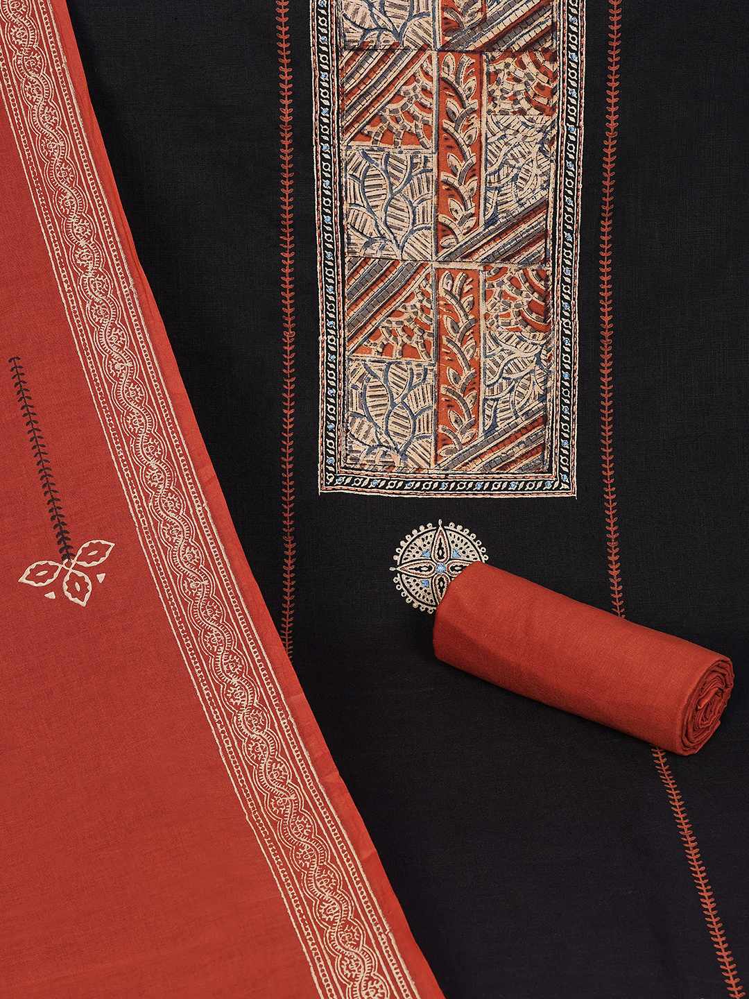 Unstitched Cotton Dress Material with Kalamkari Yoke, thread work & Printed Dupatta.(Black)