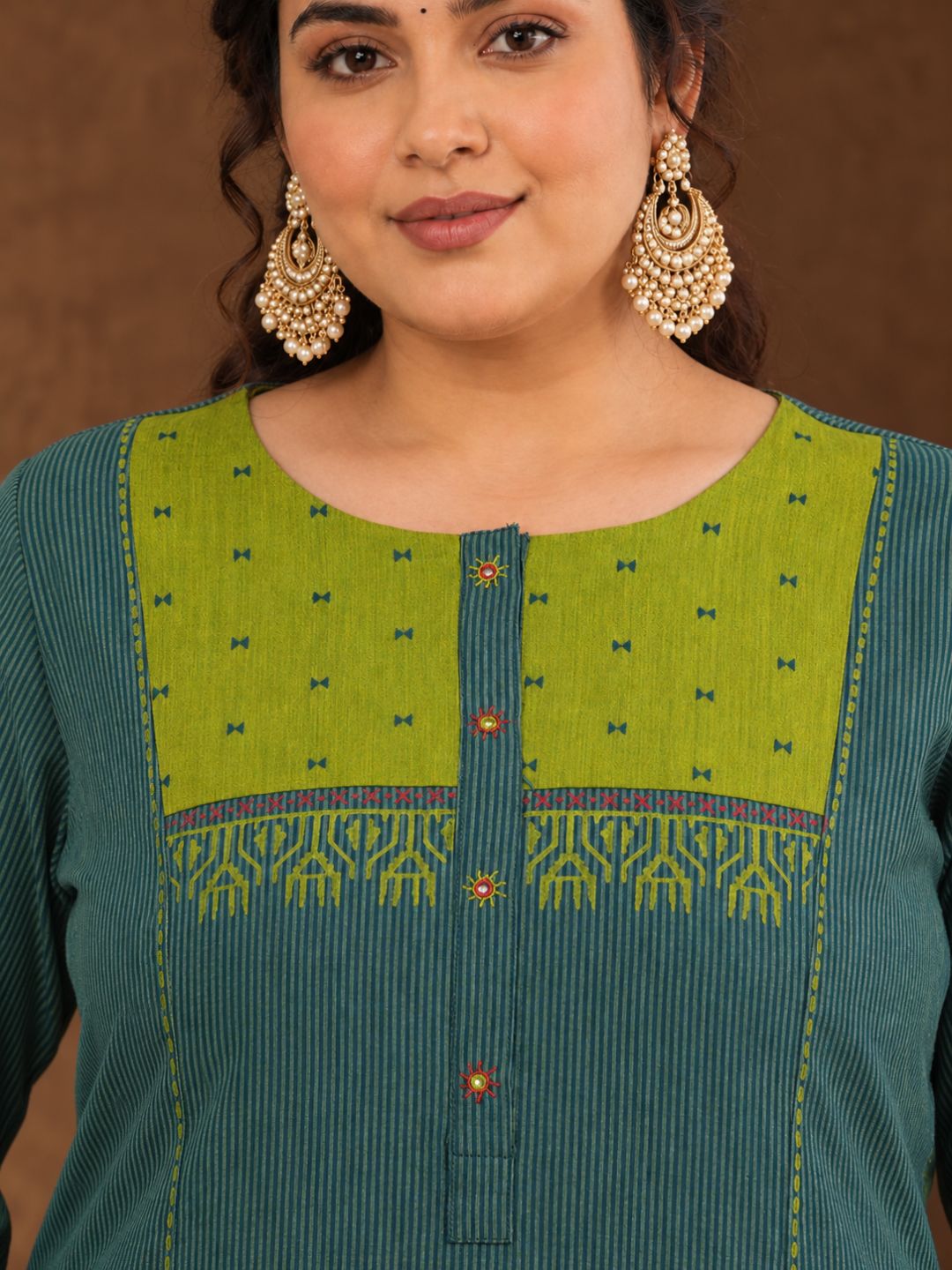 Plus Size- Pocketed A-Line Kurta in Woven Stripe Cotton with Dobby Trim, Block Print and Delicate Handwork Accents.