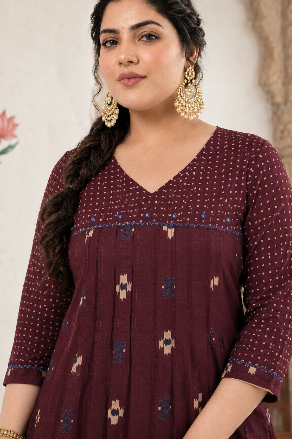 Plus size- Straight Fit Cotton Printed Kurta with Shoulder Yoke, Front Tucks and Hand Embroidery on Yoke and Sleeves