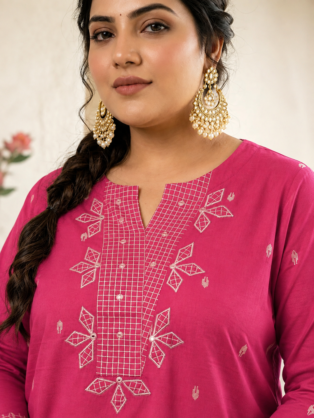 Plus size- Cotton Straight Fit Kurta Featuring Contrast Trim Fabric and Applique on Neck & Sleeves