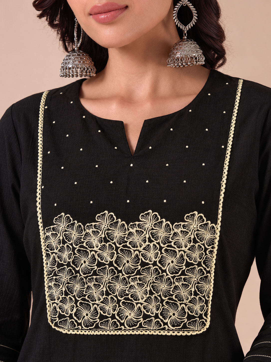 Straight Fit Cotton Kurta Set with Floral Embroidery, Crochet Lace and Printed Pants.