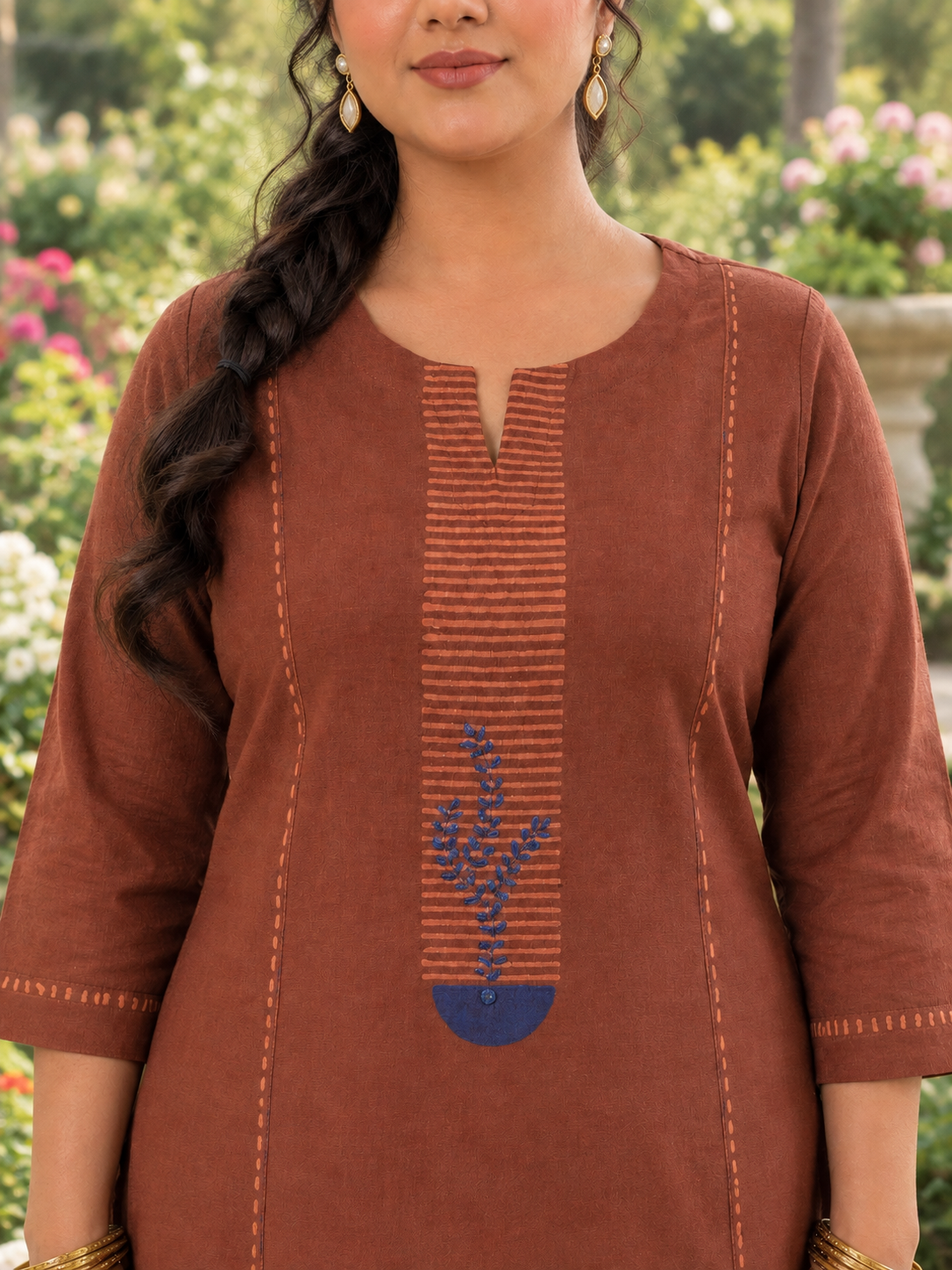 Plus size- Pocketed A-Line Cotton Flex Kurta set with Block Print and Handwork Paired with Palazoo.