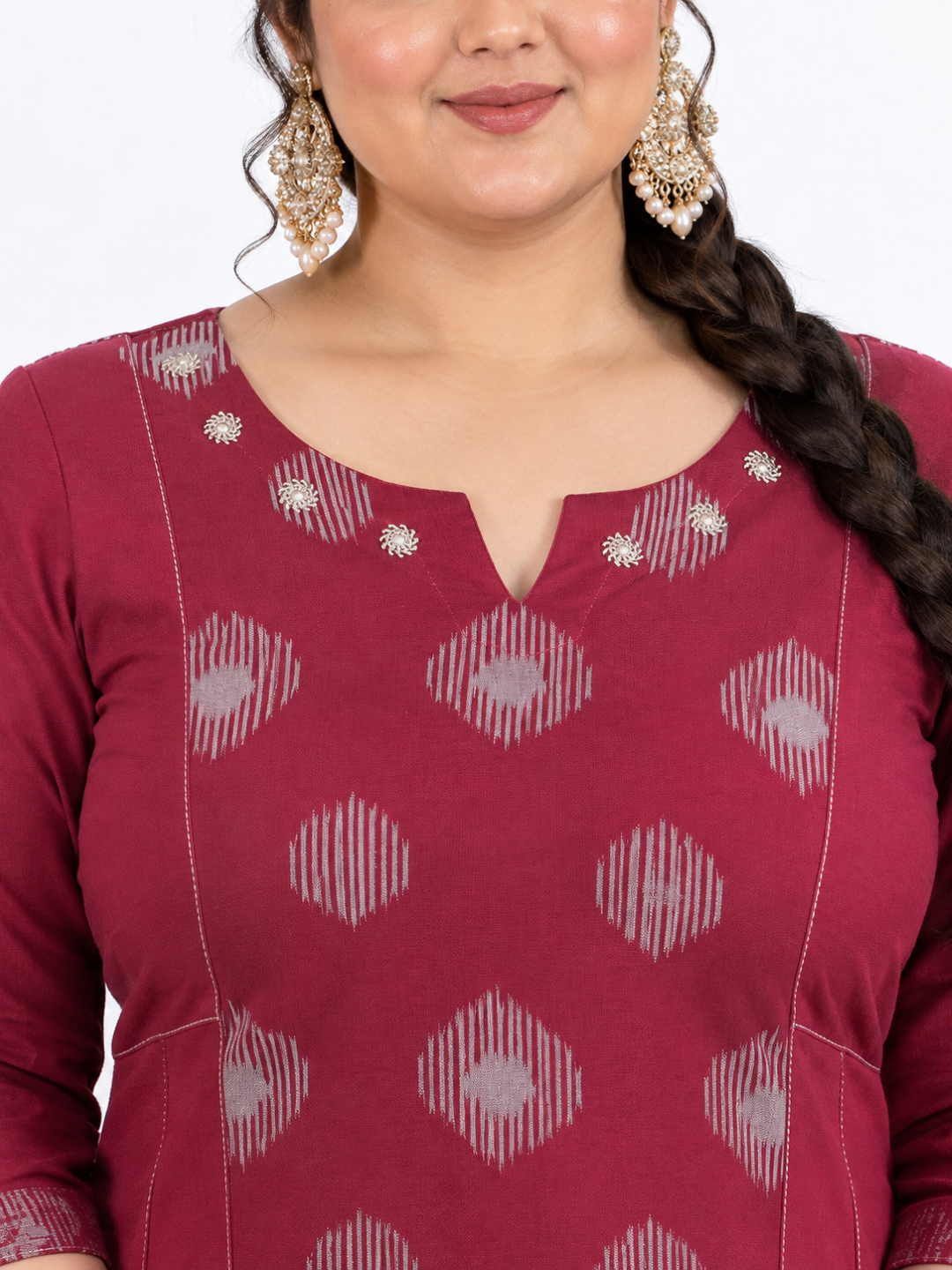 Plus Size Pocketed A-line cotton kurta with a printed center panel and hand work detailing.(Maroon)