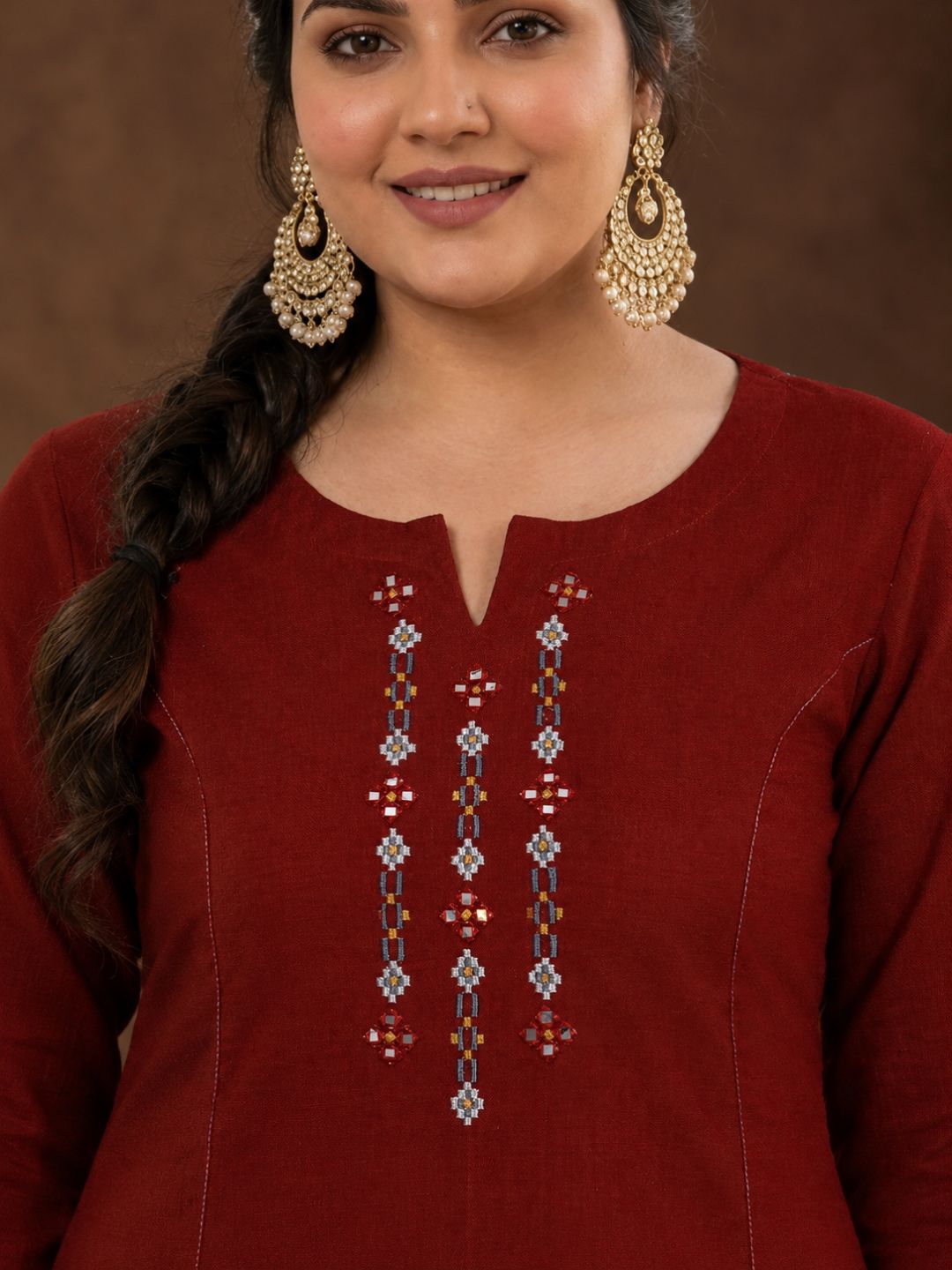 Plus Size- A-Line Pocketed Cotton Slub Kurta Featuring Thread Embroidery and Mirror Work.