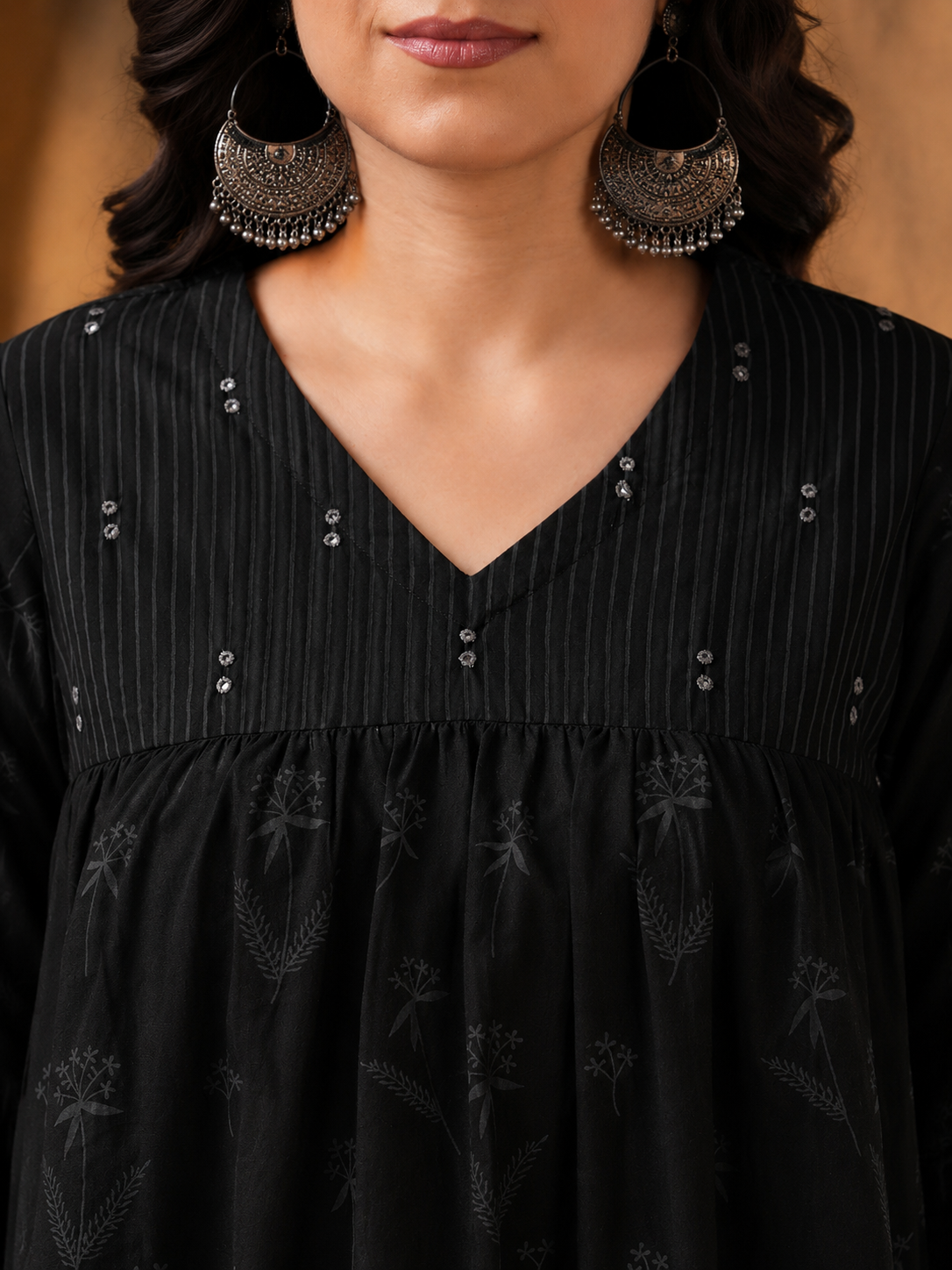 Plus Size- Gathered A-Line Cotton Kurta with Mirror Work Yoke and Elegant Cuffed Sleeves