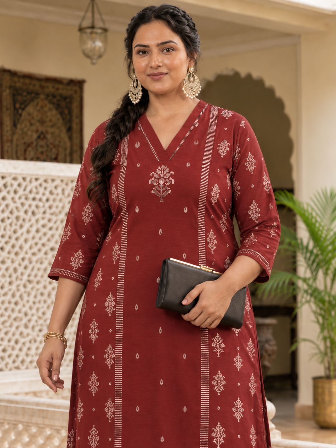 Plus Size- Cotton Straight Princess Shoulder Kurta with Block Print Centre Panel and Sleeve Detailing