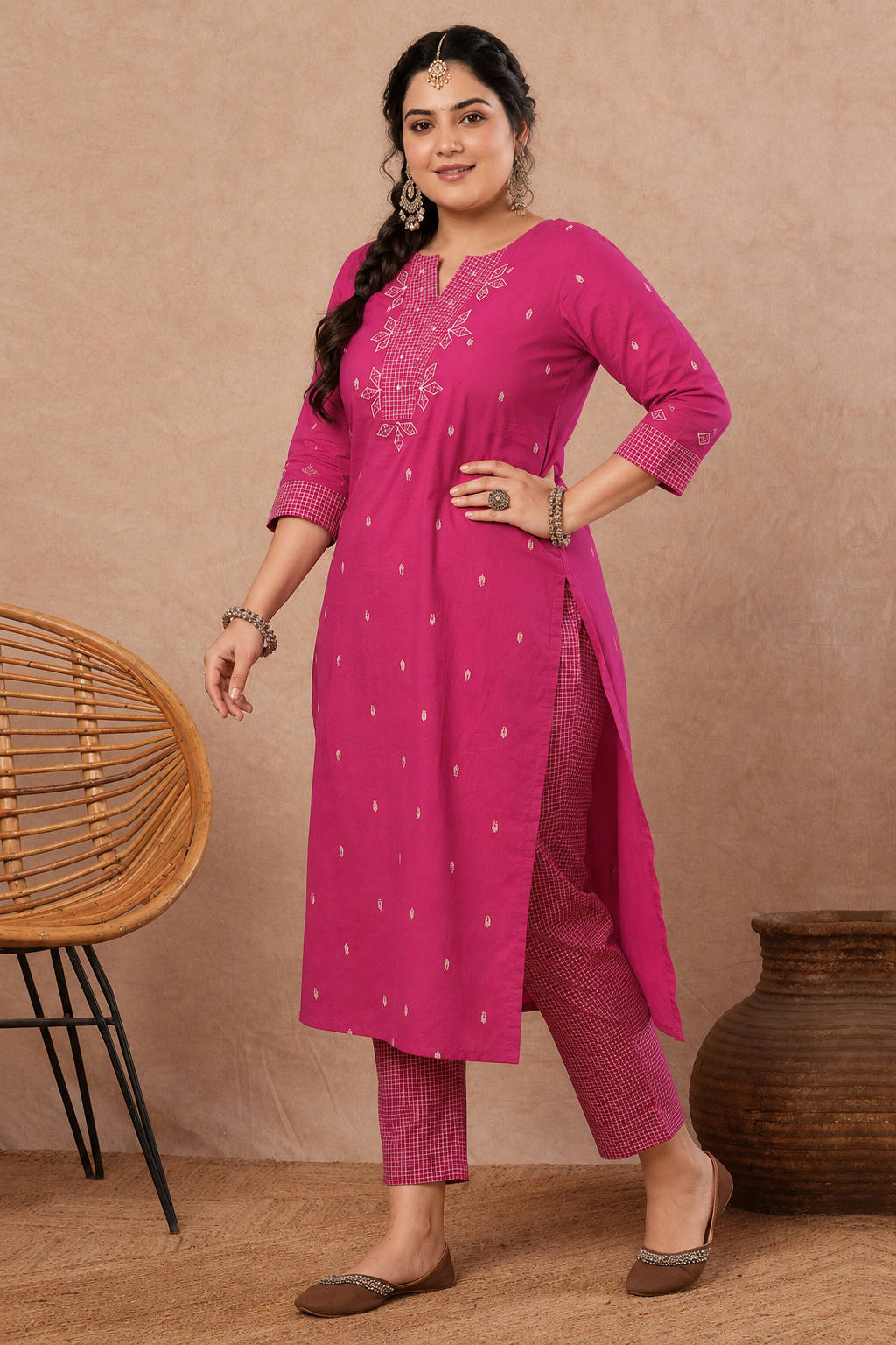 Plus size- Cotton Straight Fit Kurta Featuring Contrast Trim Fabric and Applique on Neck & Sleeves