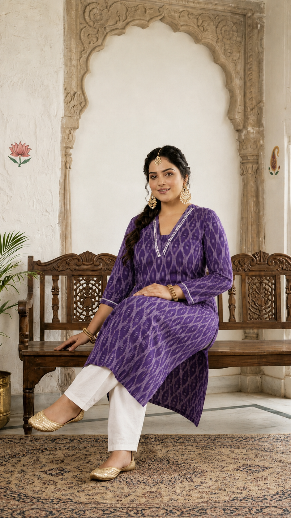 Plus size- Straight Fit Purple Cotton Ikat Kurta with Hand Embroidery & Woven Stripe Work.