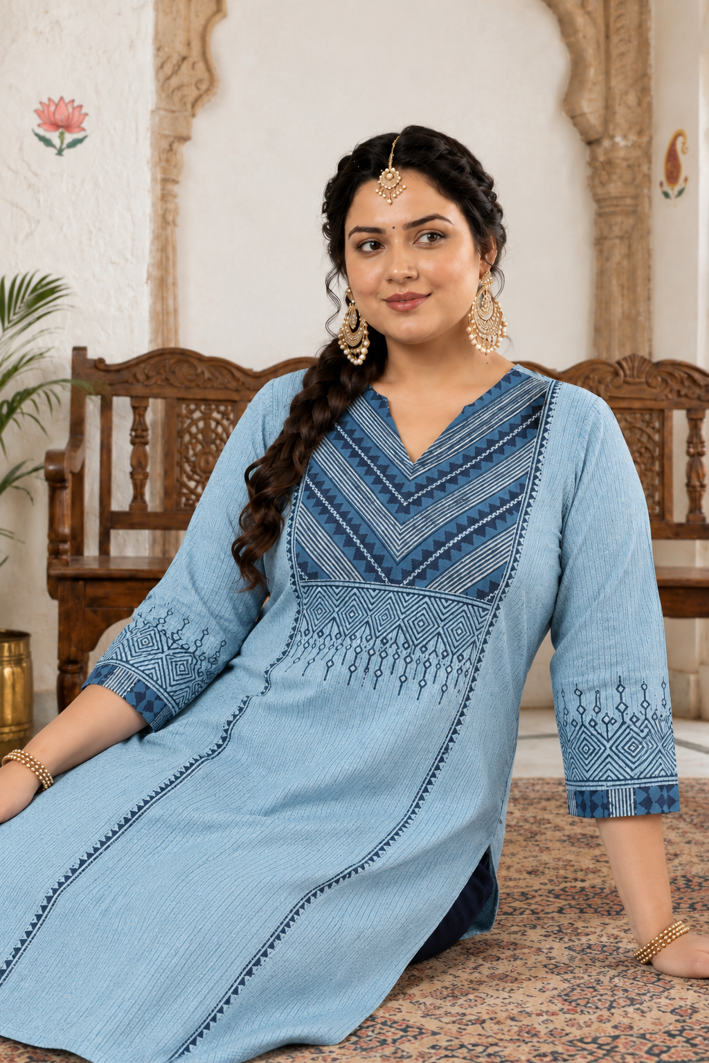 Plus size- Cotton Striped Straight Kurta Featuring Dabu Print Yoke, Block Print and Hand Embroidery Detail