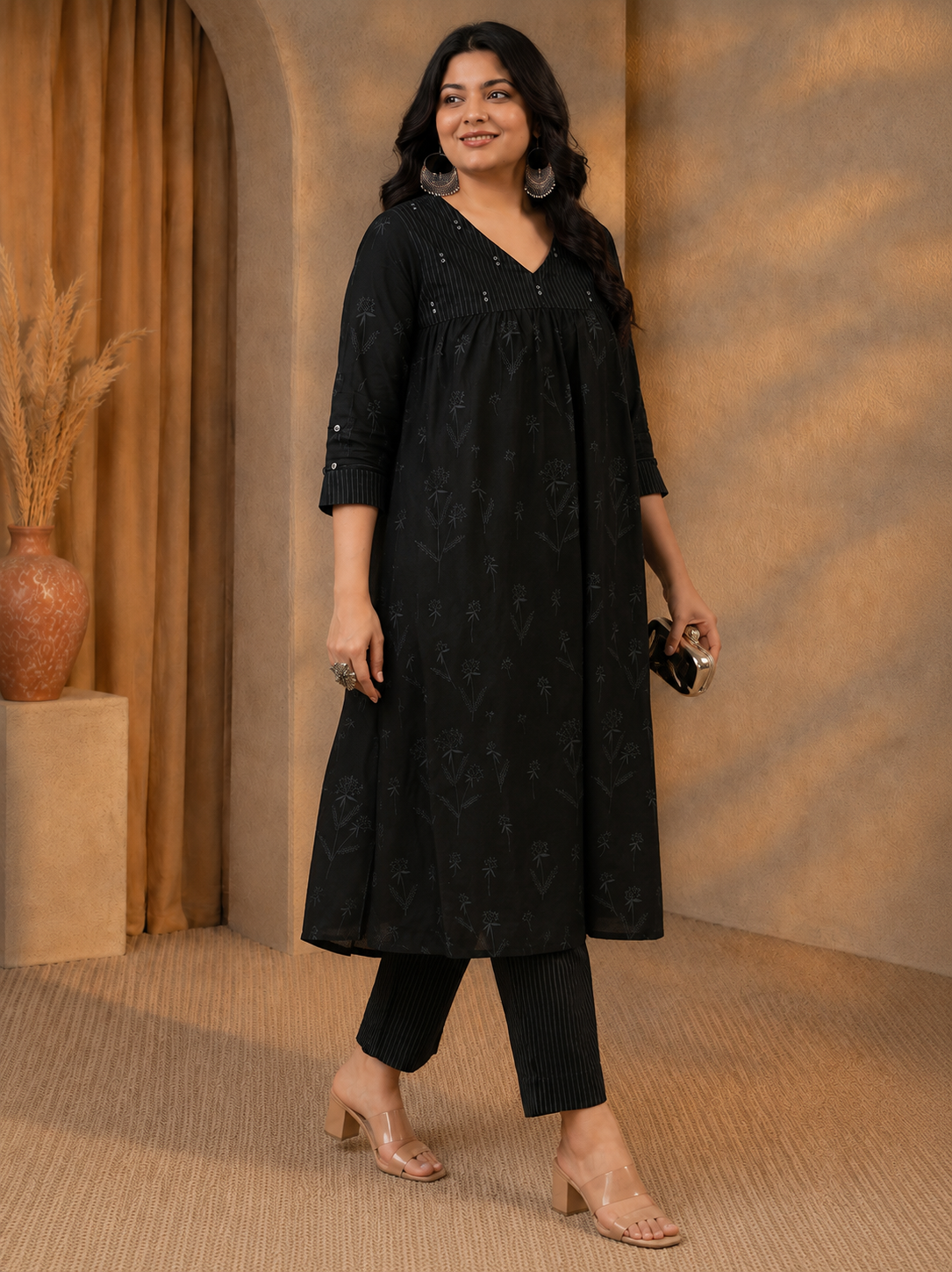 Plus Size- Gathered A-Line Cotton Kurta with Mirror Work Yoke and Elegant Cuffed Sleeves