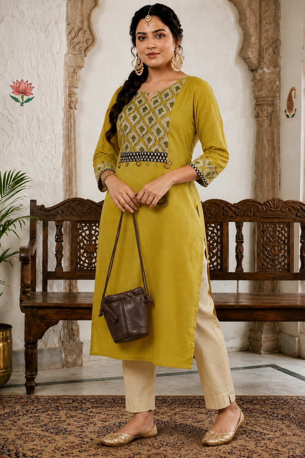 Plus size- Stylish Mustard Cotton Straight Kurta Featuring Block Printed Yoke and Mirror Detailing