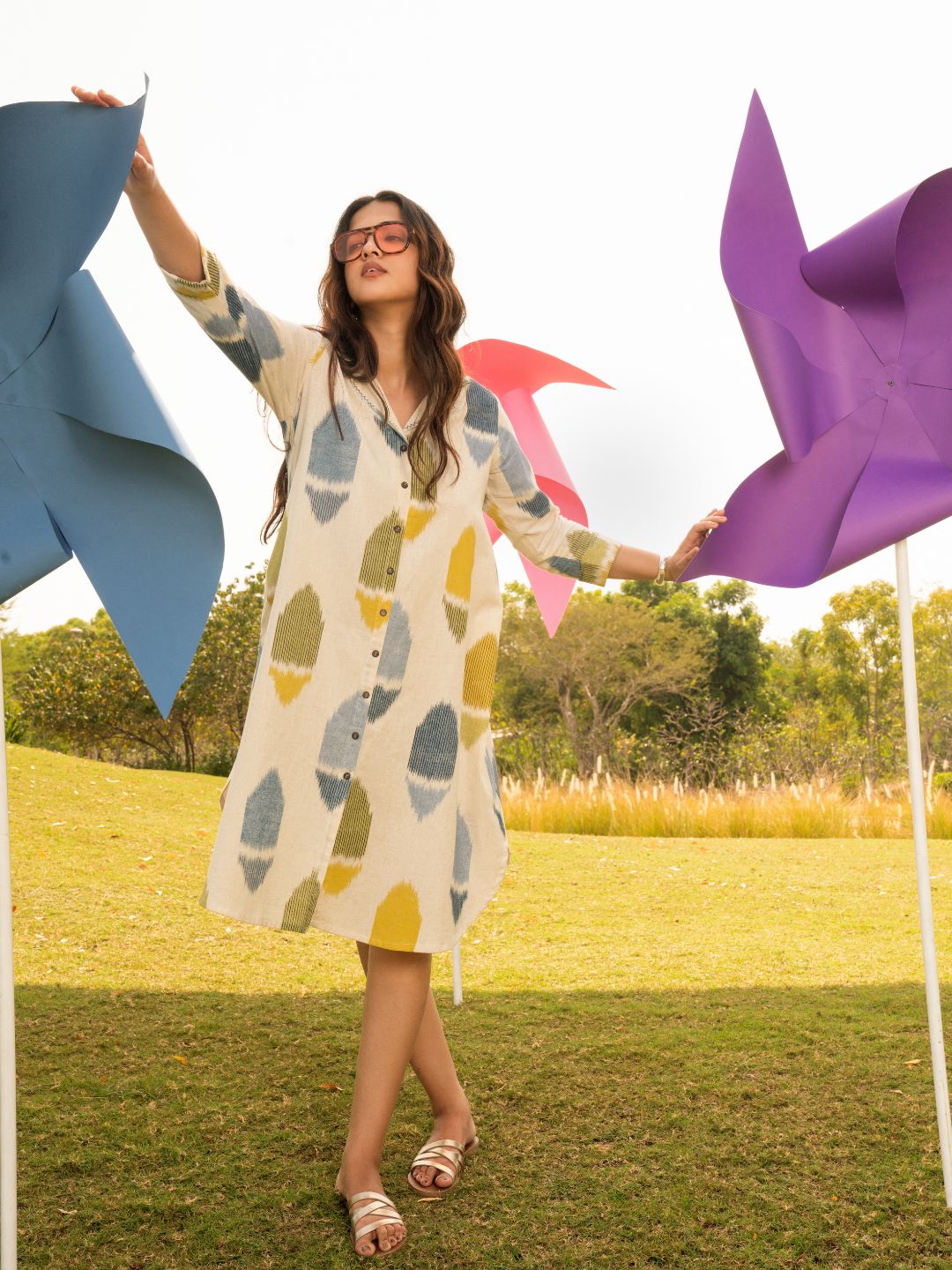 JOYLAND - Shirt collared cotton flex dress in an 'ikat' weave inspired print with handwork.