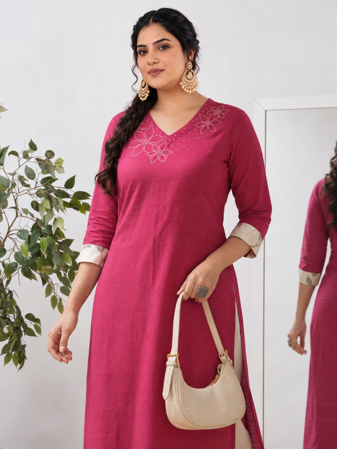 Plus Size- Cotton Straight Fit Kurta with Embroidered Neckline and Contrast Print Roll-Up Cuff Accents.