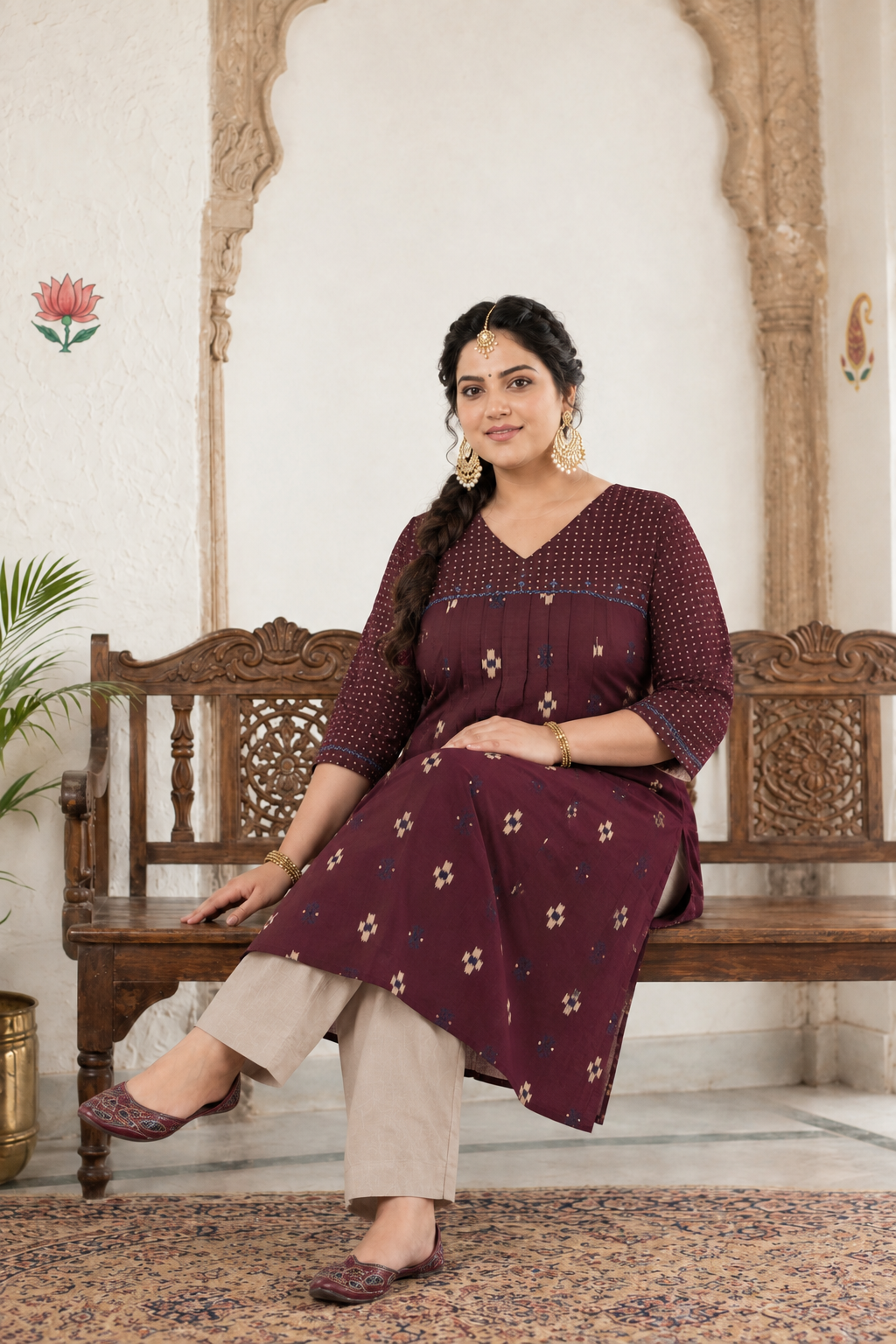 Plus size- Straight Fit Cotton Printed Kurta with Shoulder Yoke, Front Tucks and Hand Embroidery on Yoke and Sleeves