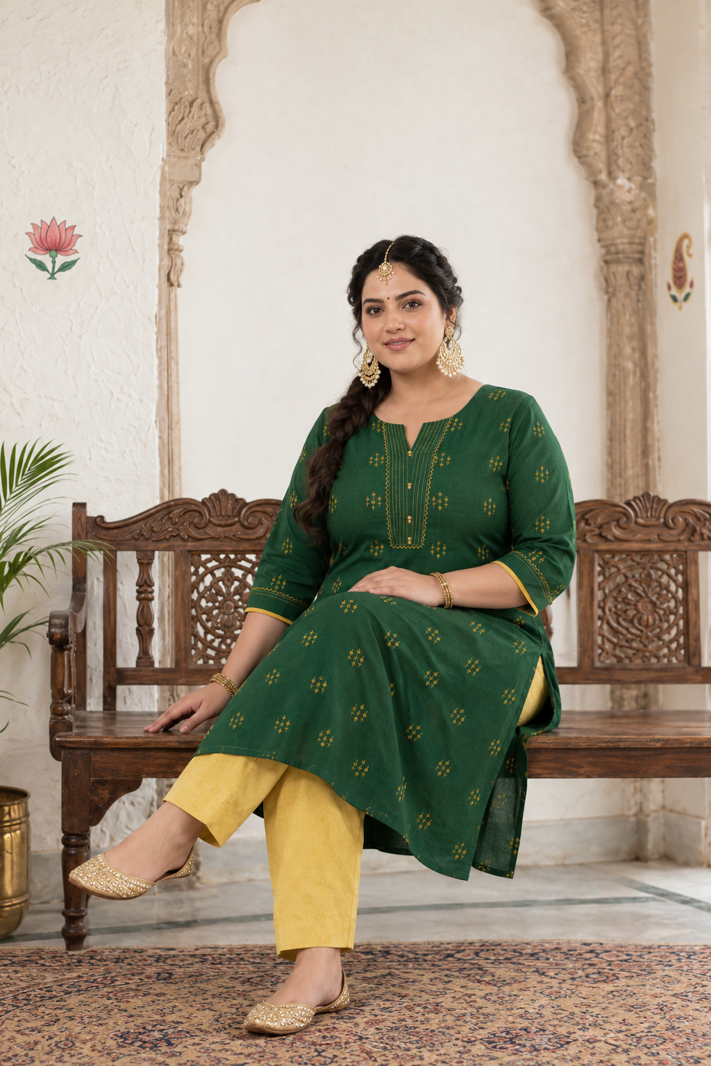Plus size- Elegant Straight Fit Cotton Dobby Kurta with Hand Embroidery and Mirror Embellishment