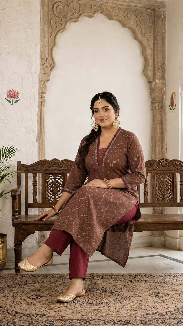 Plus size- Straight Fit Ikat Kurta with Featuring Woven Stripes, Handwork & Solid Trim.
