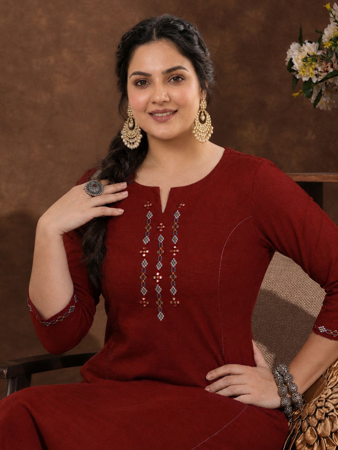 Plus Size- A-Line Pocketed Cotton Slub Kurta Featuring Thread Embroidery and Mirror Work.