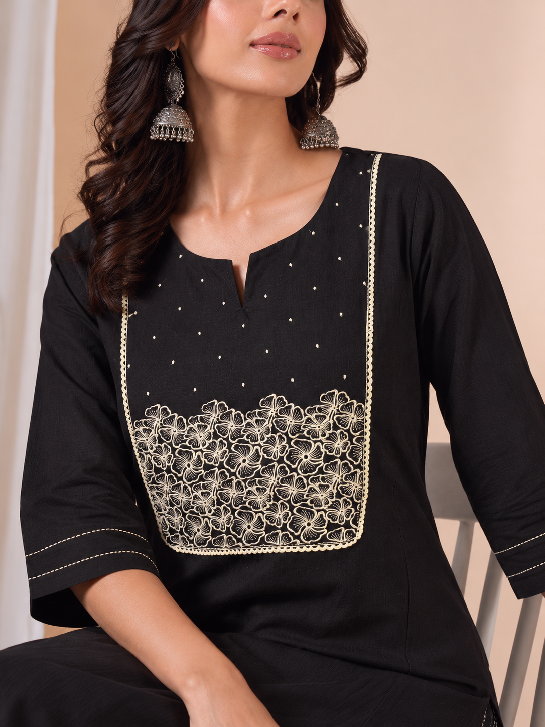 Straight Fit Cotton Kurta Set with Floral Embroidery, Crochet Lace and Printed Pants.