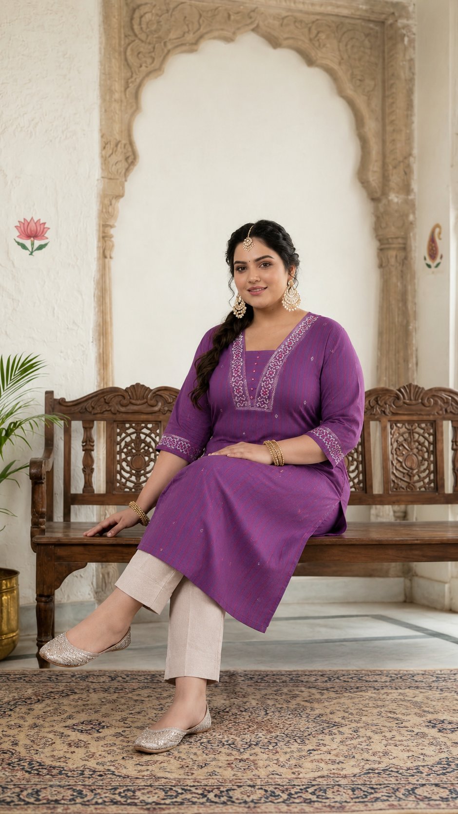 Plus size- Comfortable Cotton Straight Dobby Stripe Kurta with Block Printed Neckline and Hem Placement