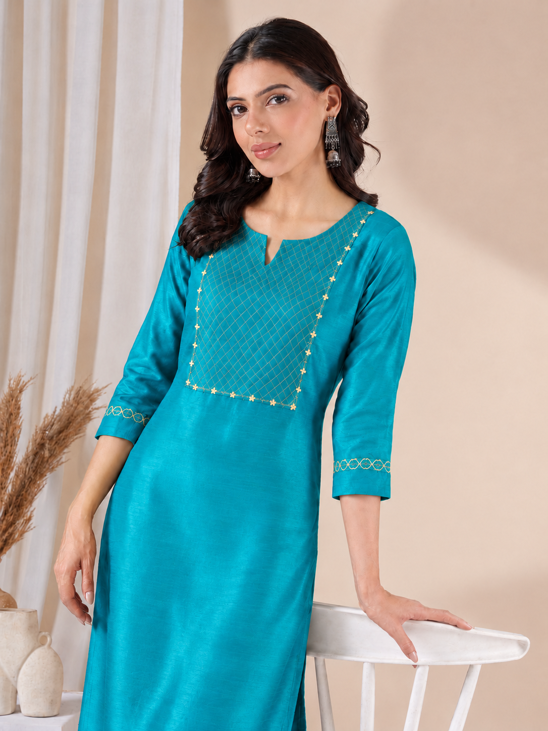 Straight Fit Silk Blend Kurta Set with Zari Embroidery & Sequins work, Plain Matching Palazzo.(Turquoise)
